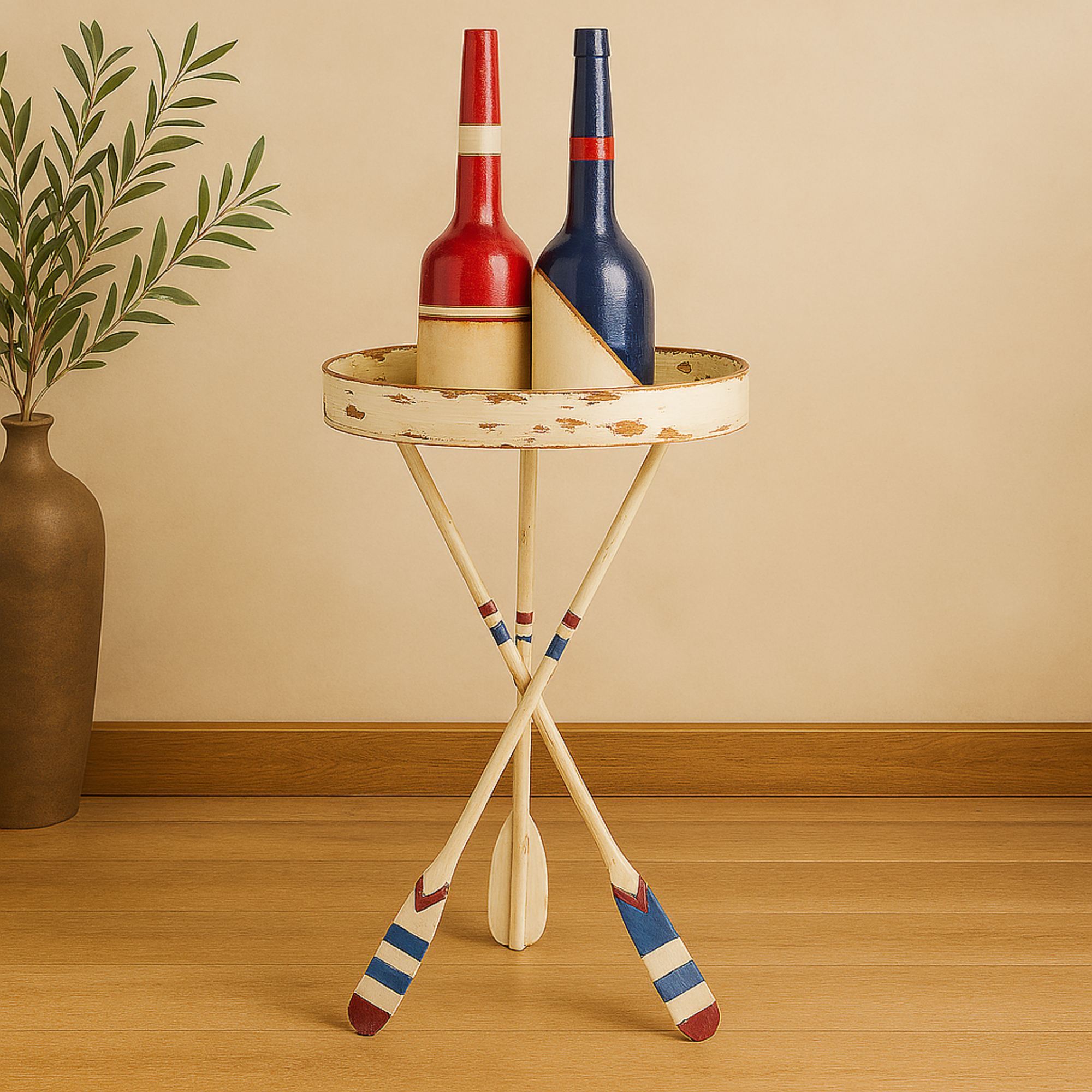 Paddle White Metal Distressed Striped Side End Accent Table with Navy and Red Striped Oar Legs