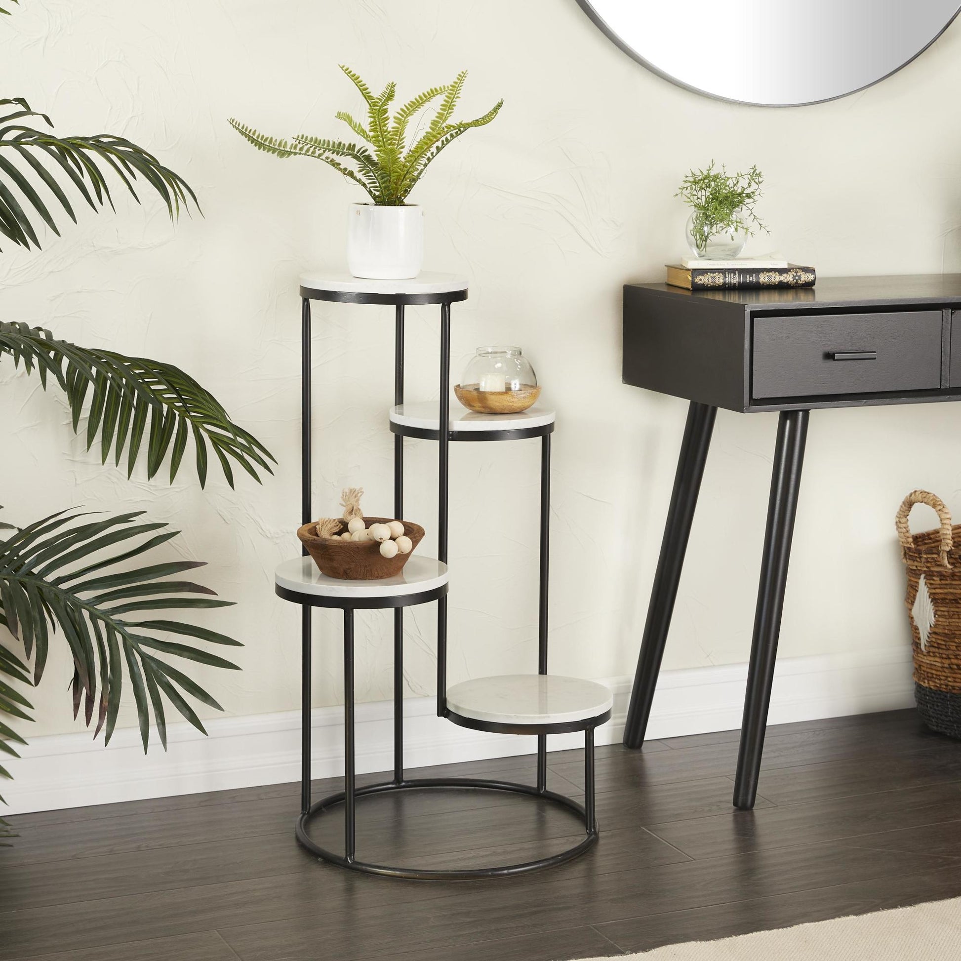 White Marble 4 Tier Indoor Plantstand with Black Base