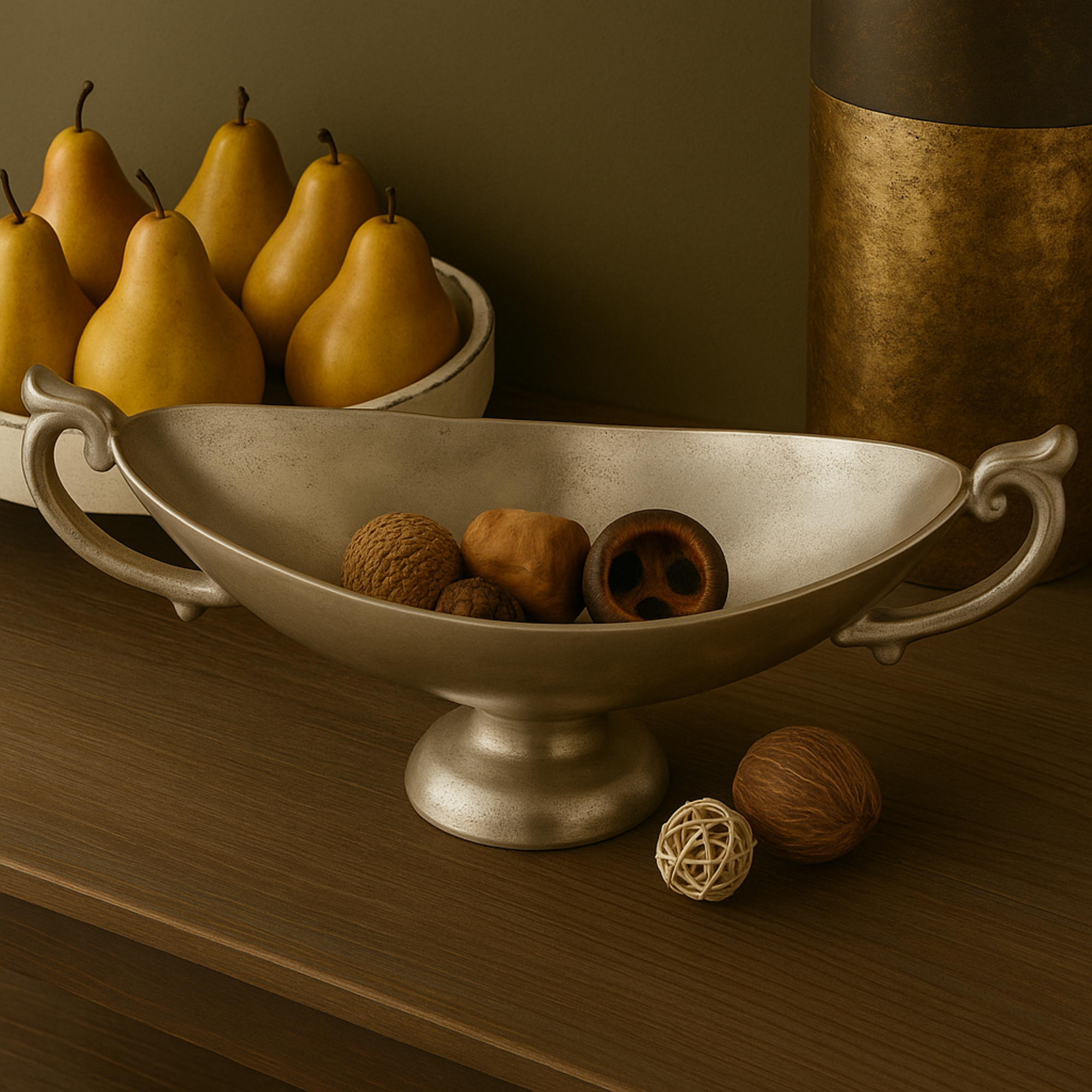 Silver Aluminum Metal Large Decorative Bowl with Handles