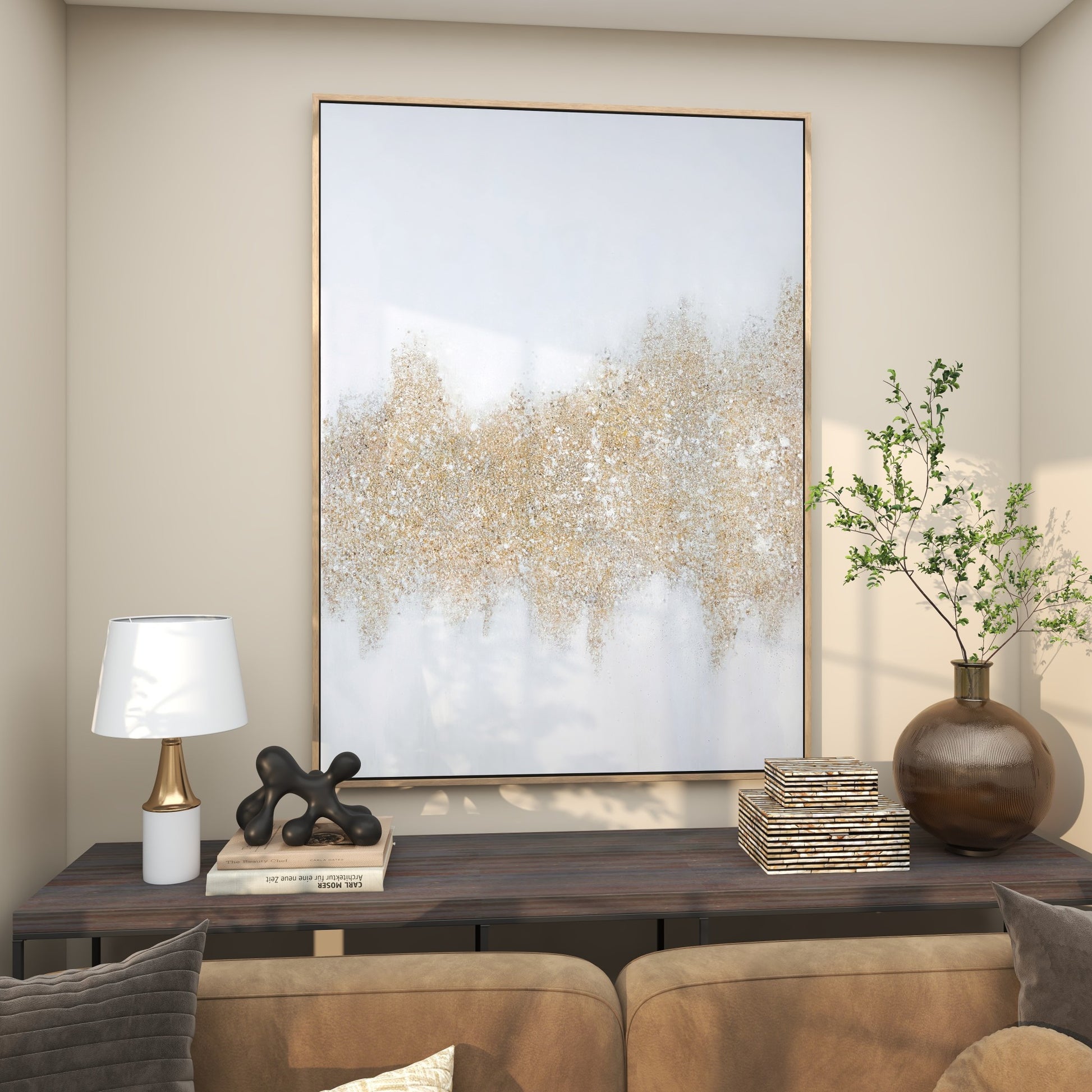 Geode Gold Canvas Glitter Flakes Living Room Framed Wall Art with Gold Frame