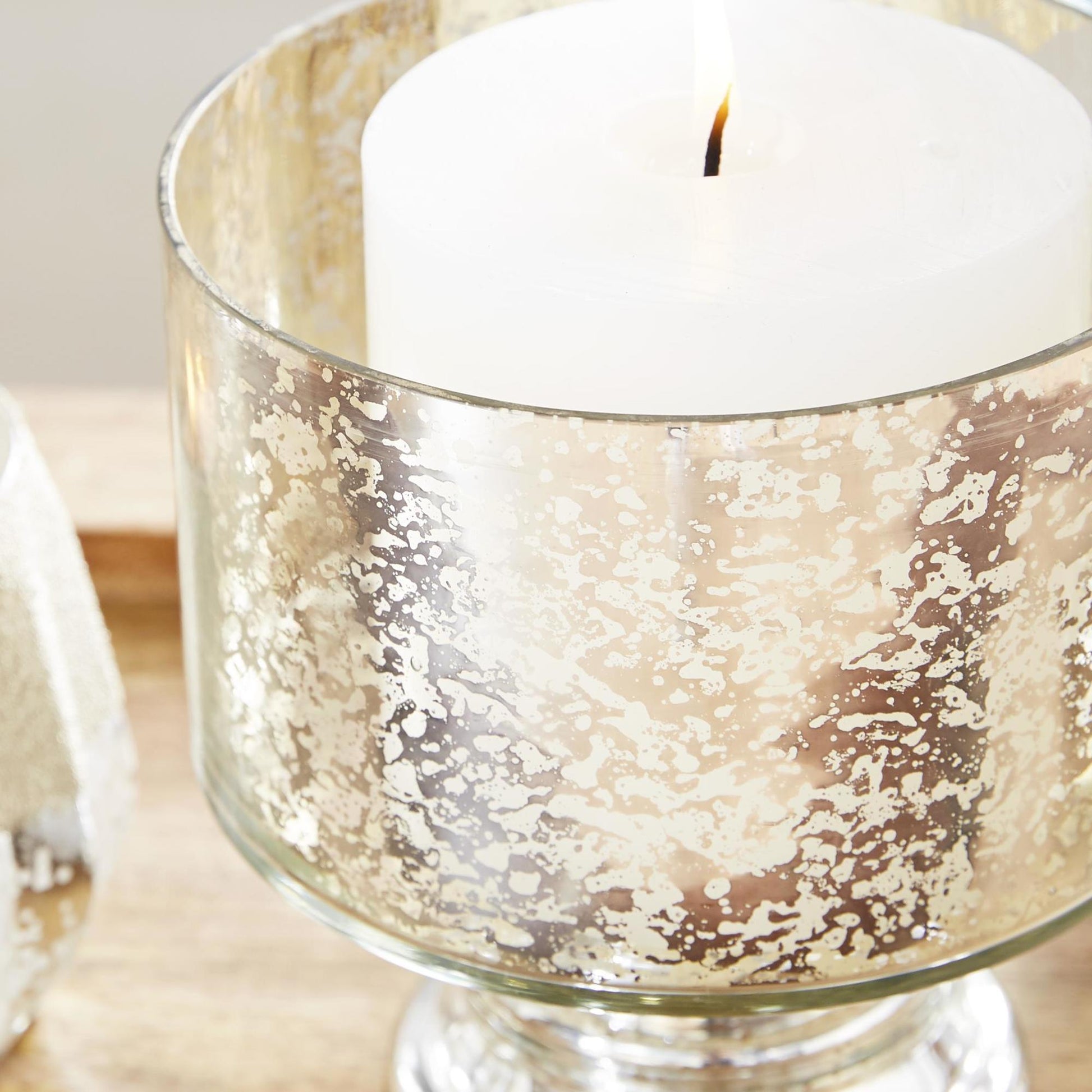 Silver Glass Handmade Turned Style Pillar Room Hurricane Lamp with Faux Mercury Glass Finish