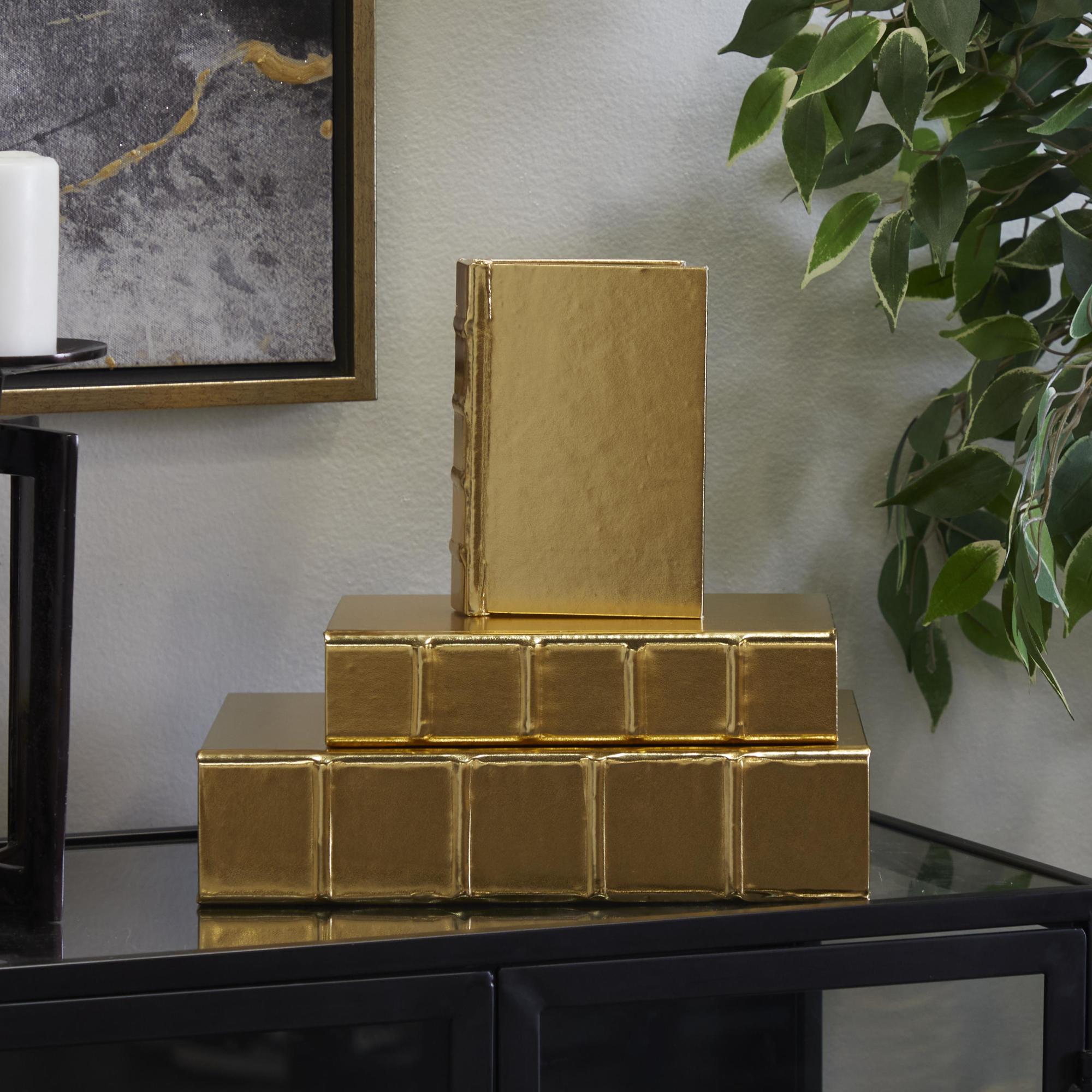 CosmoLiving by Cosmopolitan Set of 3 Faux Leather Metallic Book Storage Decorative Box with Textured Spine