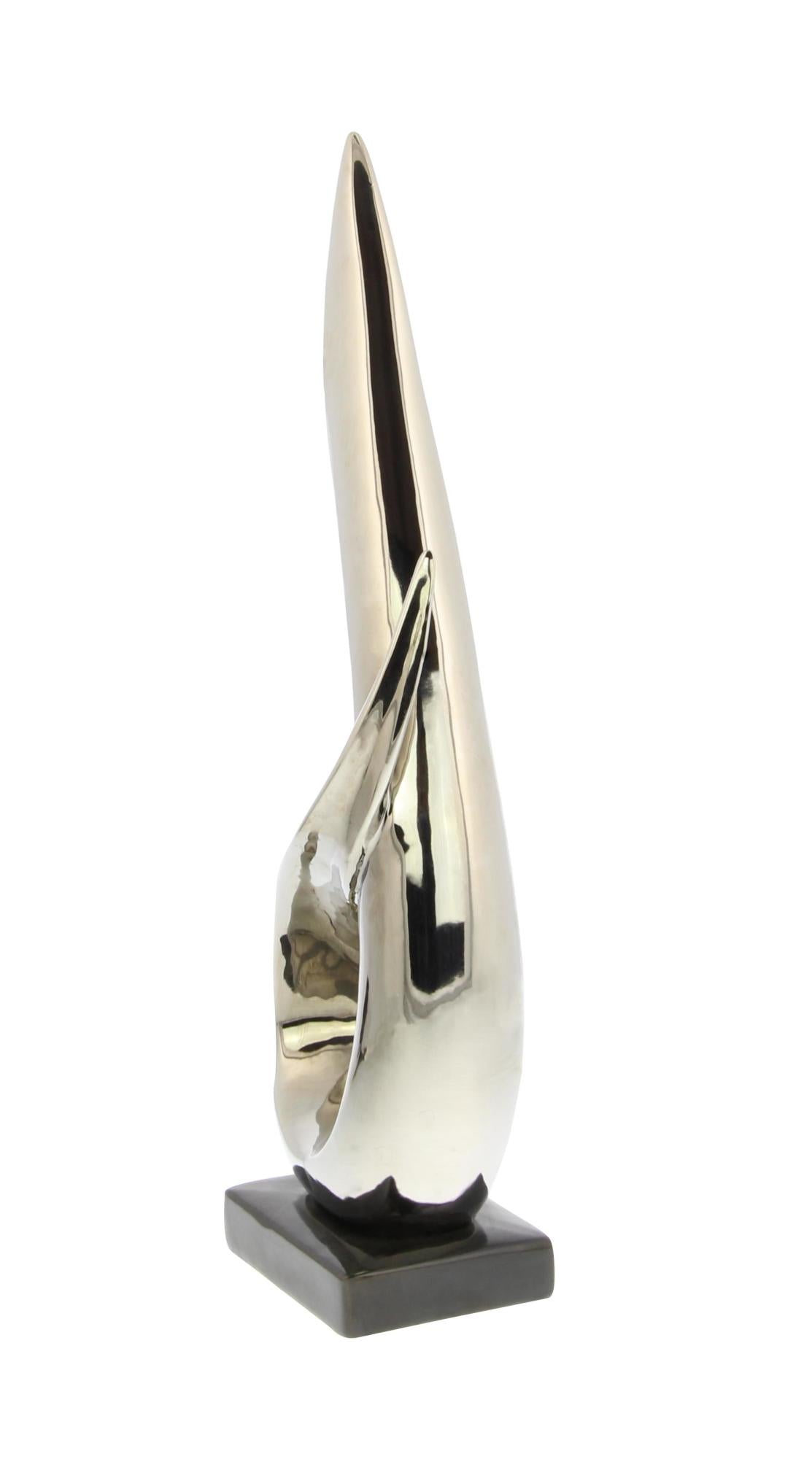 Abstract Silver Porcelain Ceramic Decorative Sculpture with Black Base
