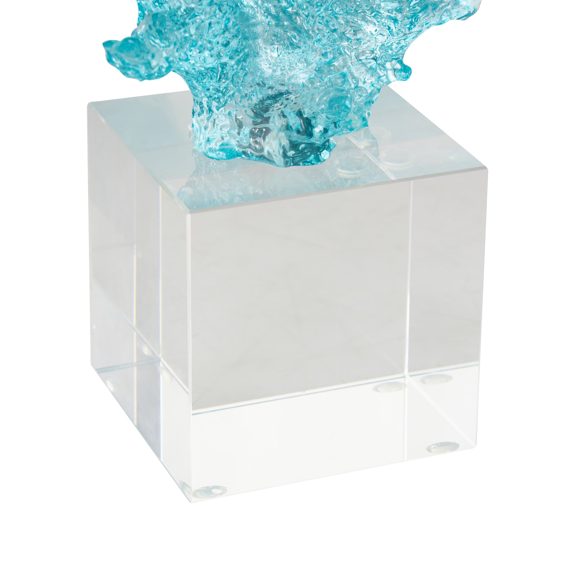 Coral Blue Glass Ombre Decorative Sculpture with Clear Square Base