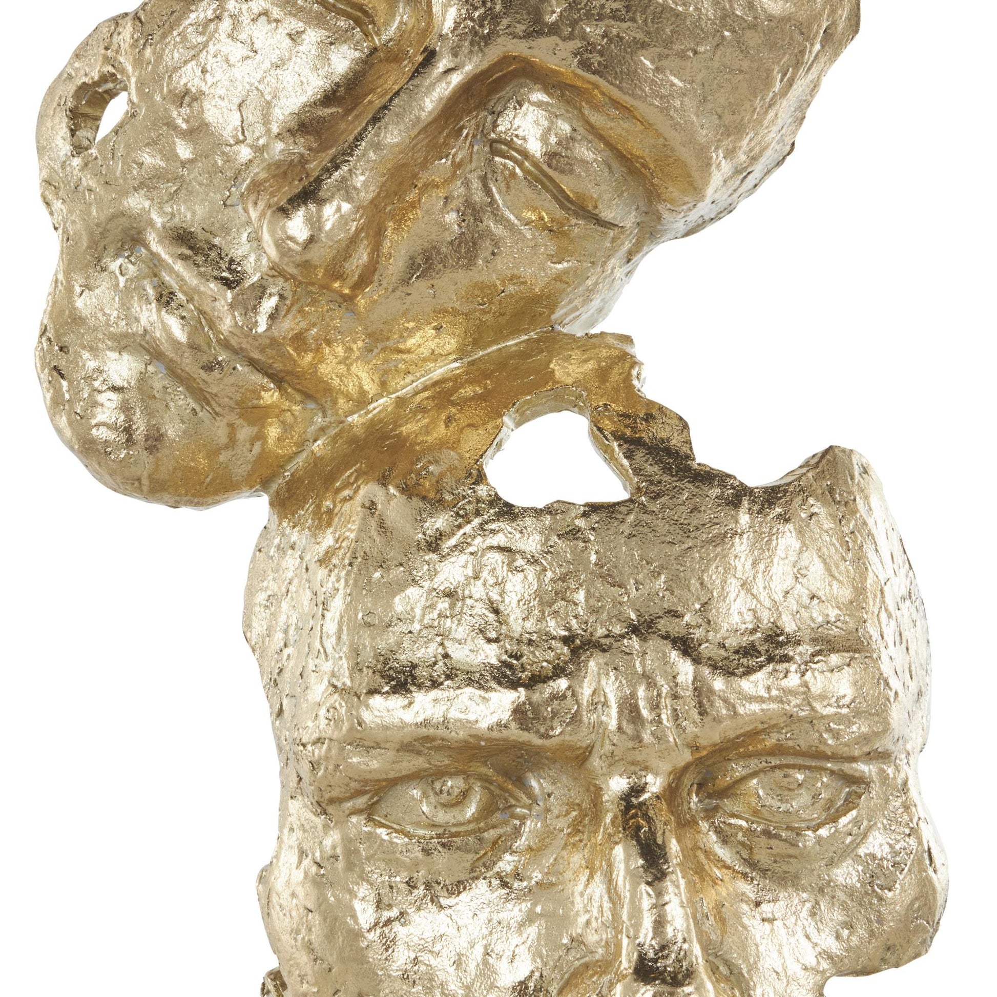 Mask Gold Polystone Stacked Face Cutout Decorative Sculpture with Black Block Base