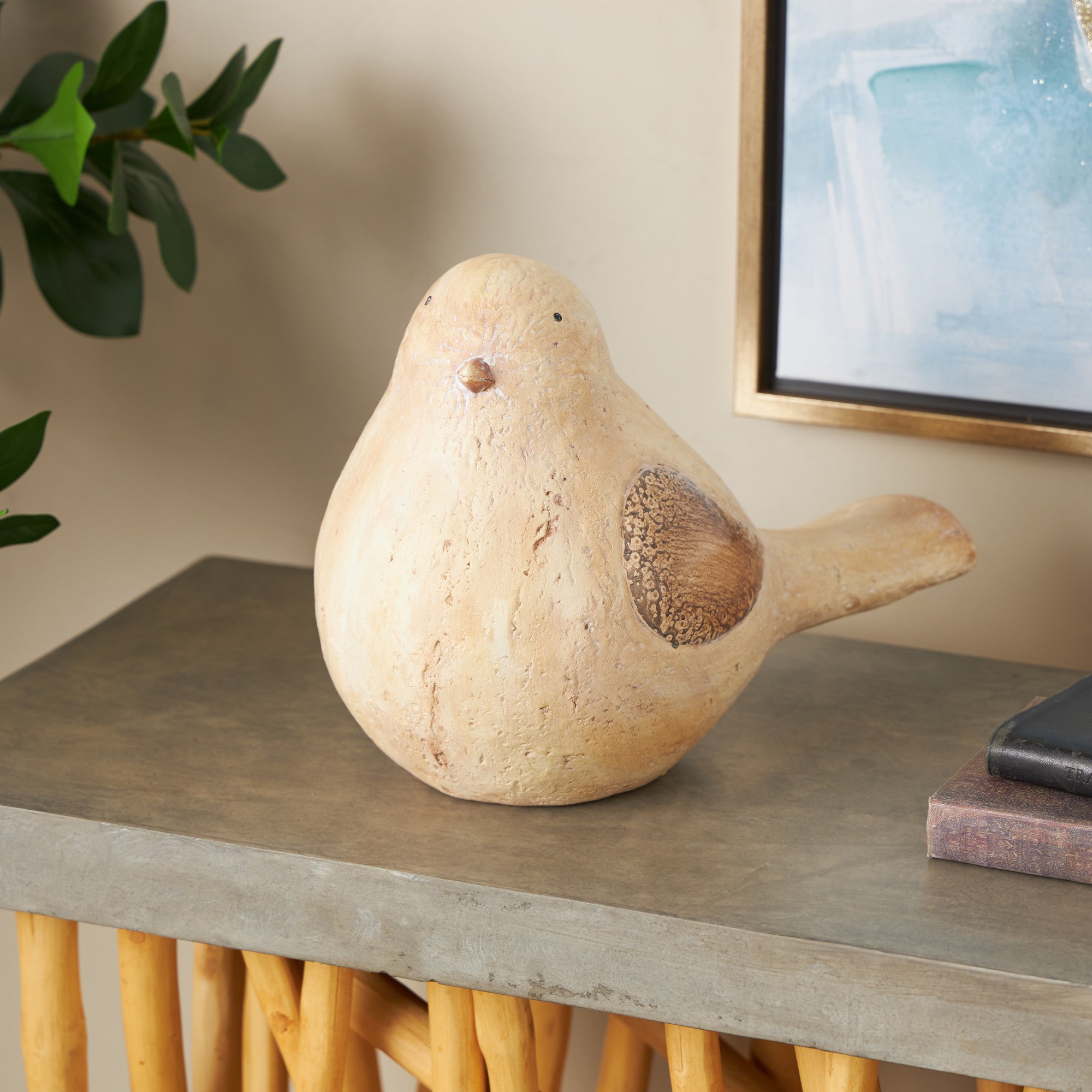 Bird Cream Magnesium Oxide Sitting Decorative Garden Sculpture with Brown Accents