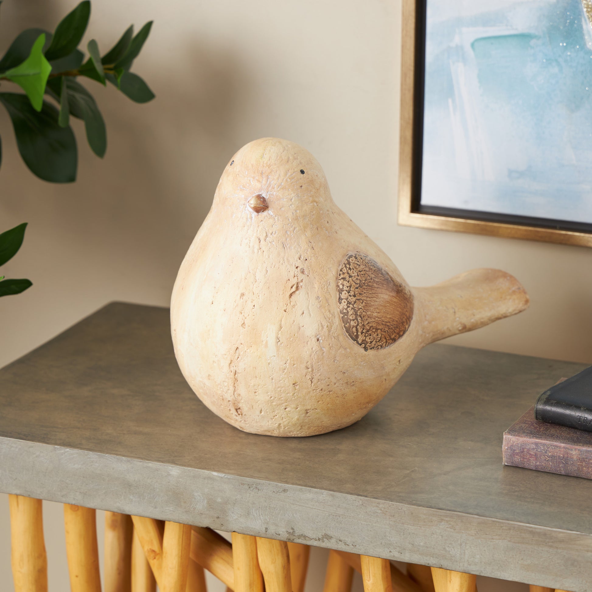 Bird Cream Magnesium Oxide Sitting Decorative Garden Sculpture with Brown Accents