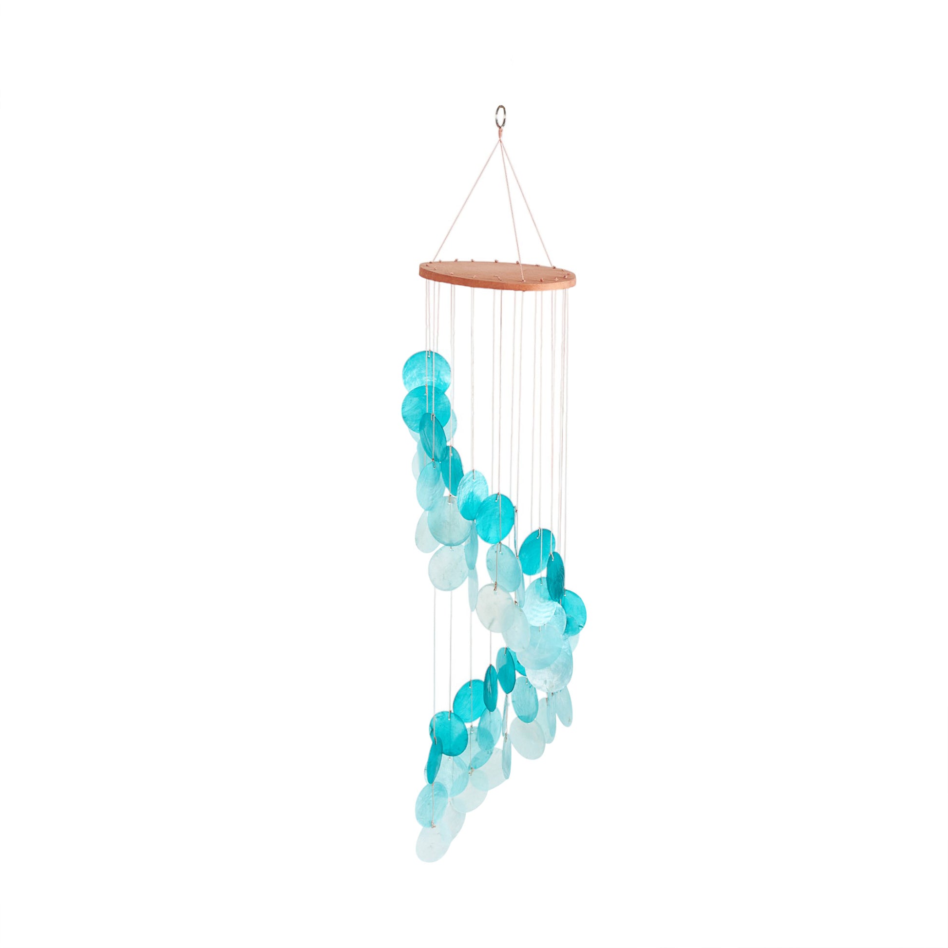 Geometric Teal Capiz Shell Waterfall Indoor Outdoor Windchime with Silver Ring