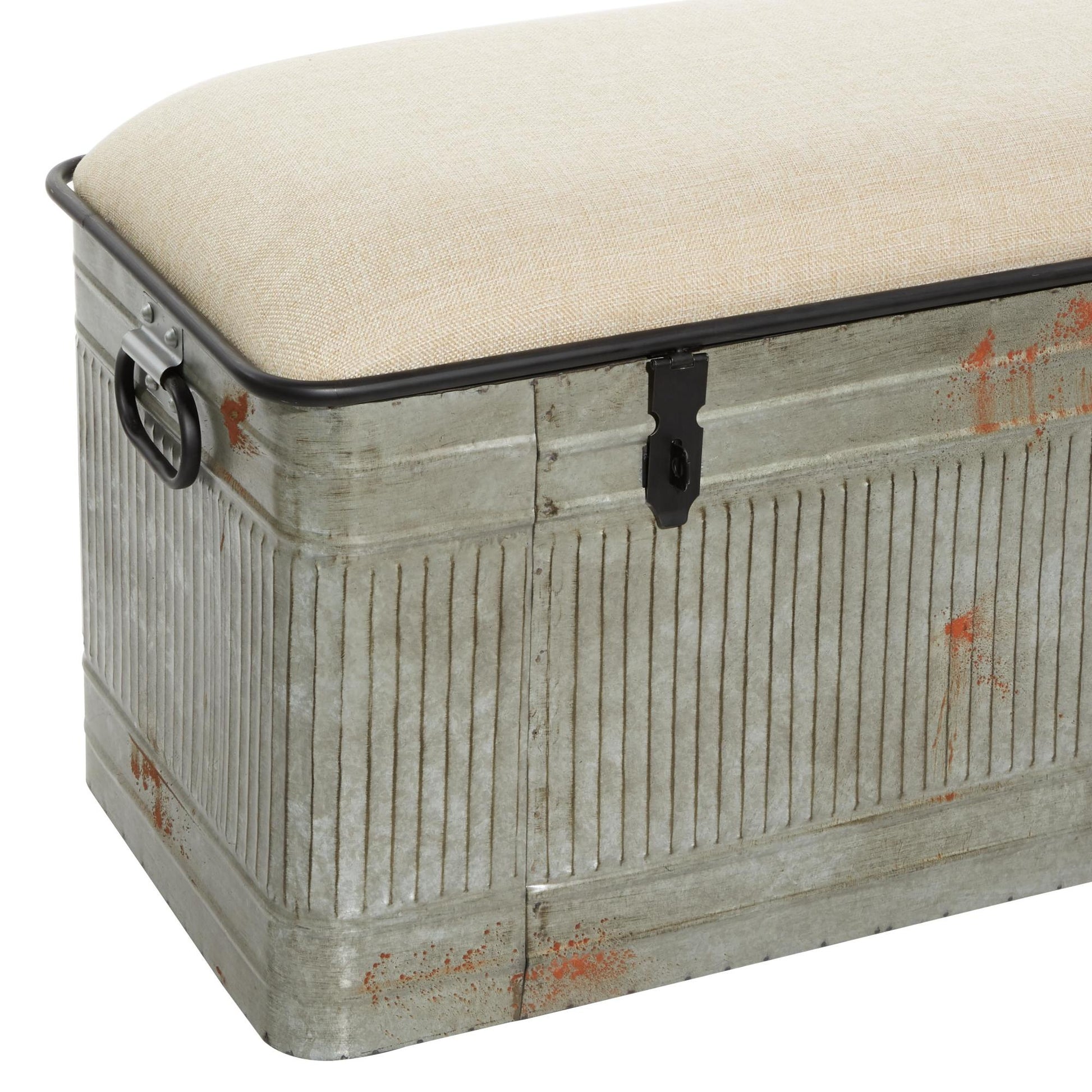 Gray Metal Galvanized Room Storage Bench with Cream Burlap Top and Black Latches