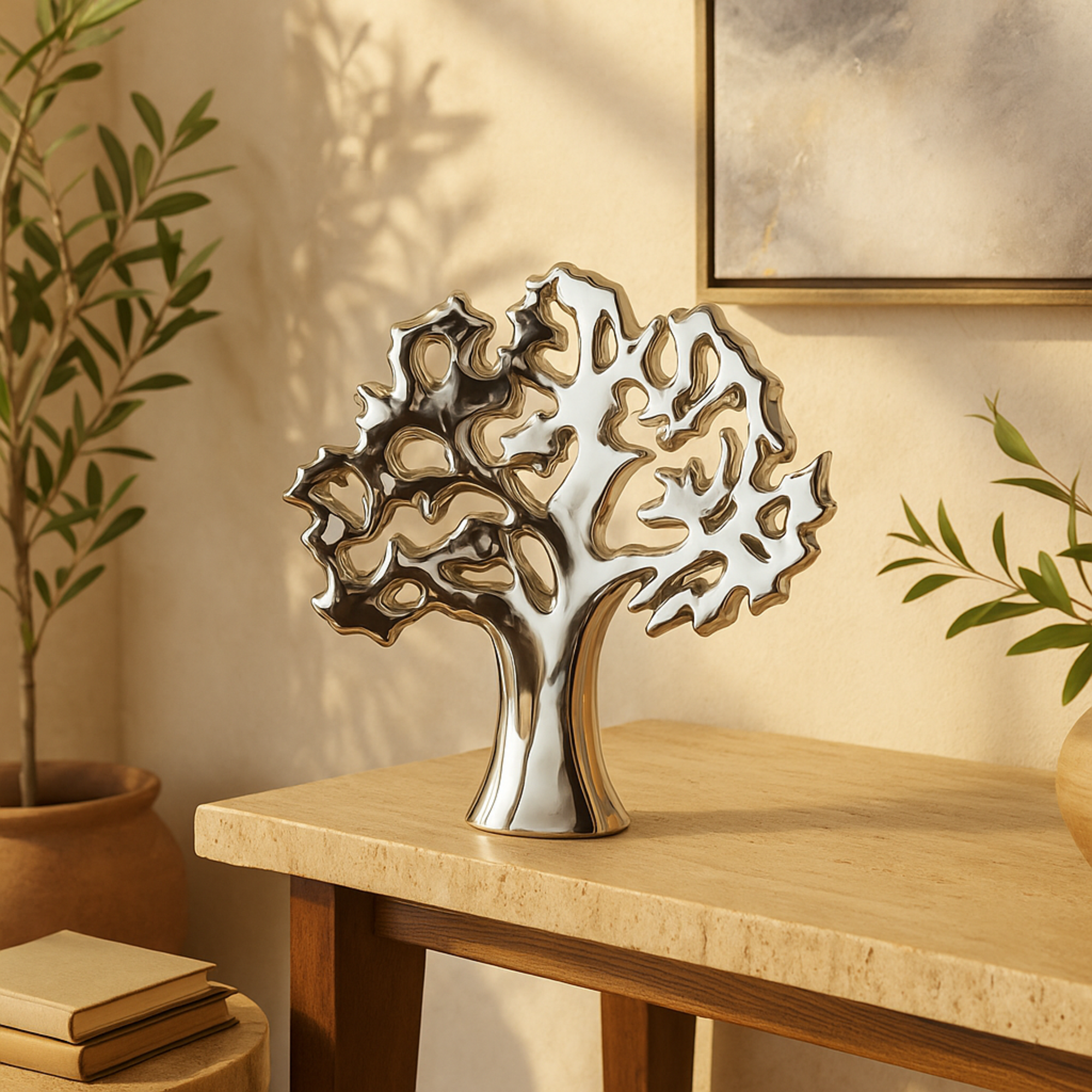 Tree Ceramic Glossy Decorative Sculpture with Abstract Cutouts