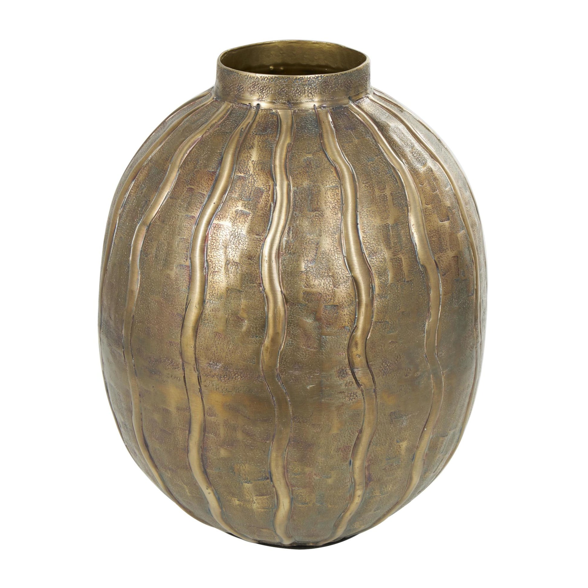 Brass Metal Snakeskin Inspired Decorative Vase with Dimensional Wavy Accents
