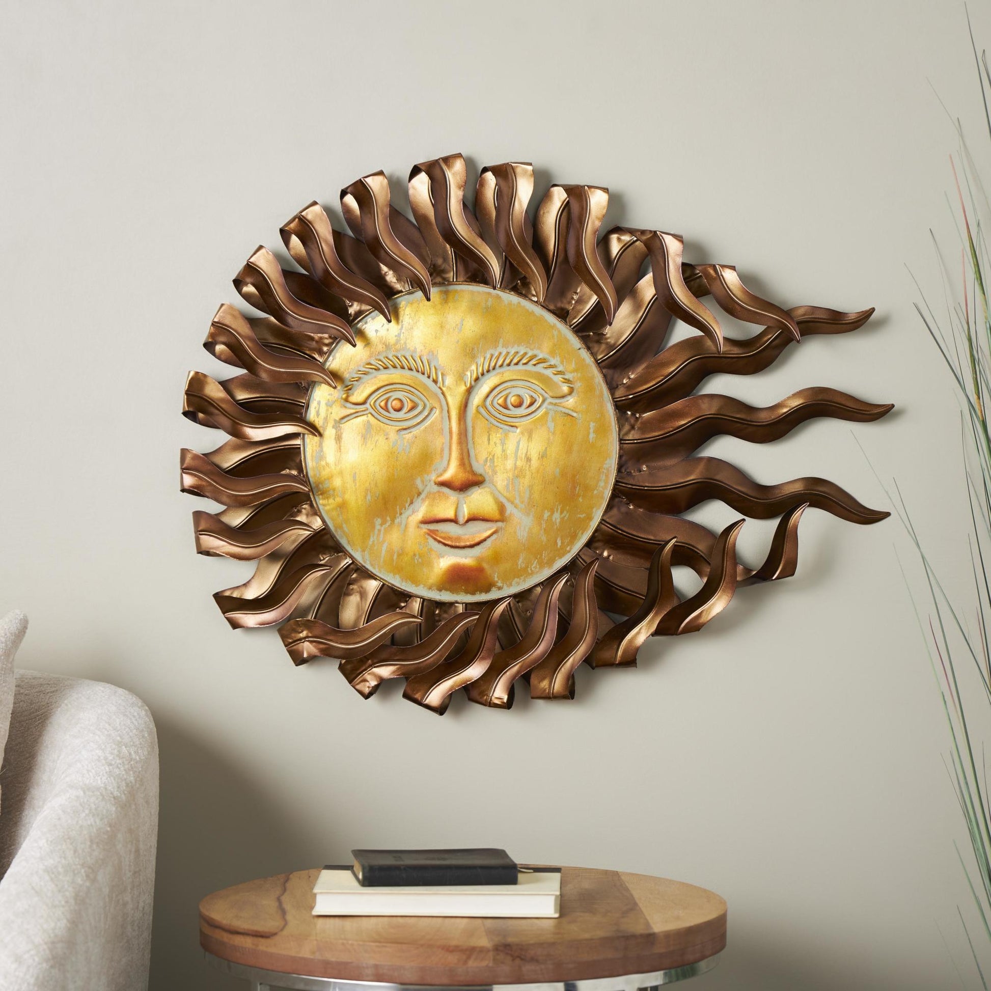 Sun Copper Metal Home Wall Decor with Gold Sun Face and Folded Wavy Rays