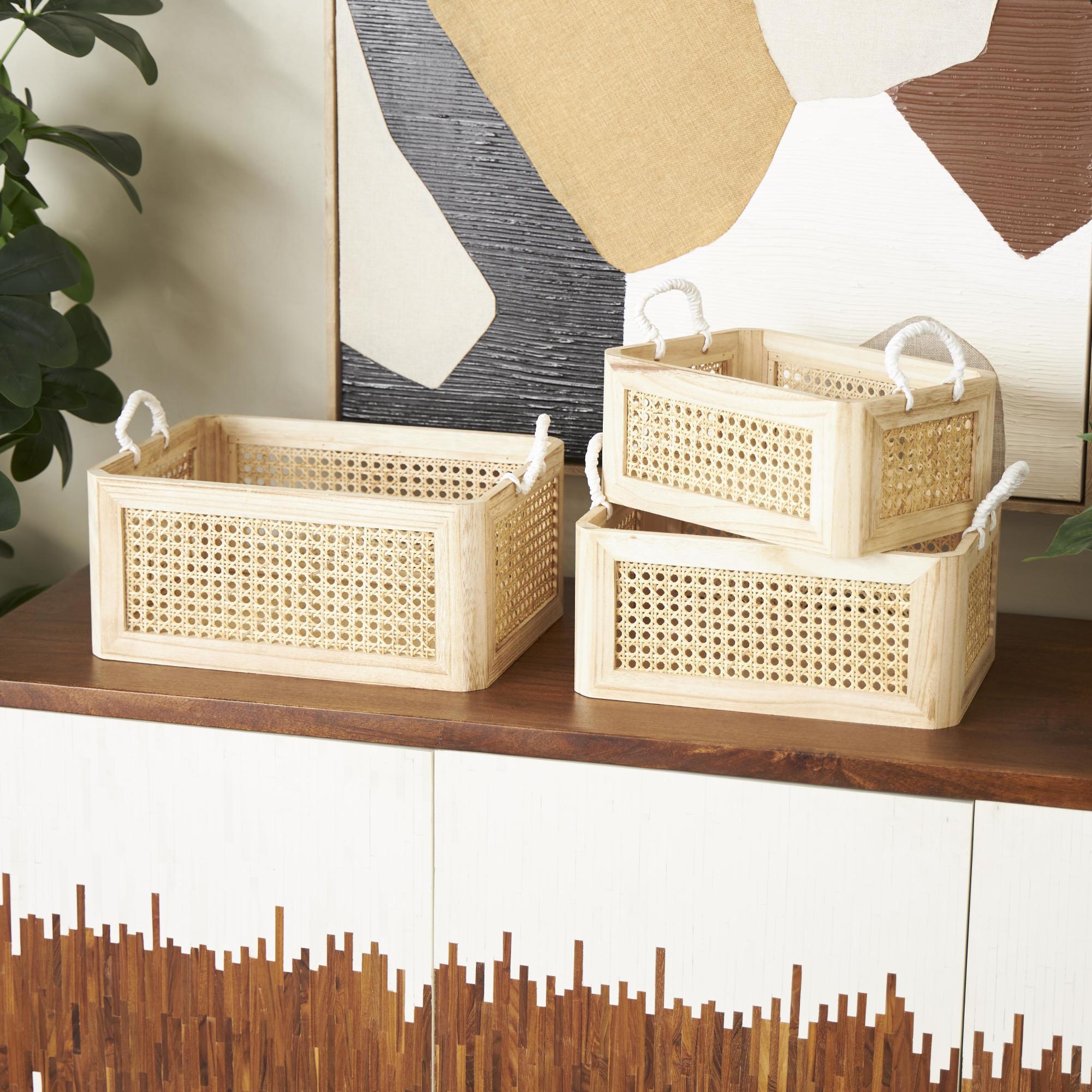 Set of 3 Brown Rattan Woven Decorative and Functional Storage Basket with Rope Handles