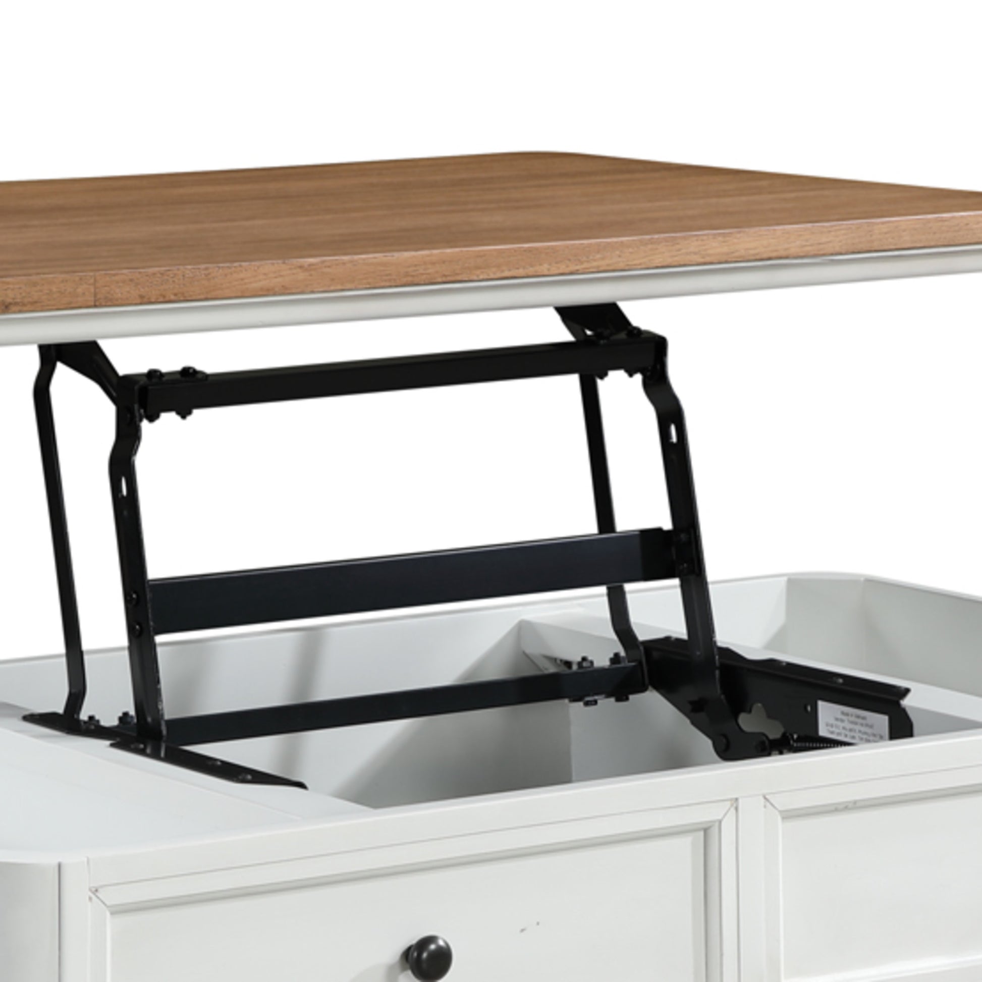 White Wood Lift Top Hidden Storage 4 Drawer Living Room Coffee Table with Brown Wood Tabletop and Black Round Knobs