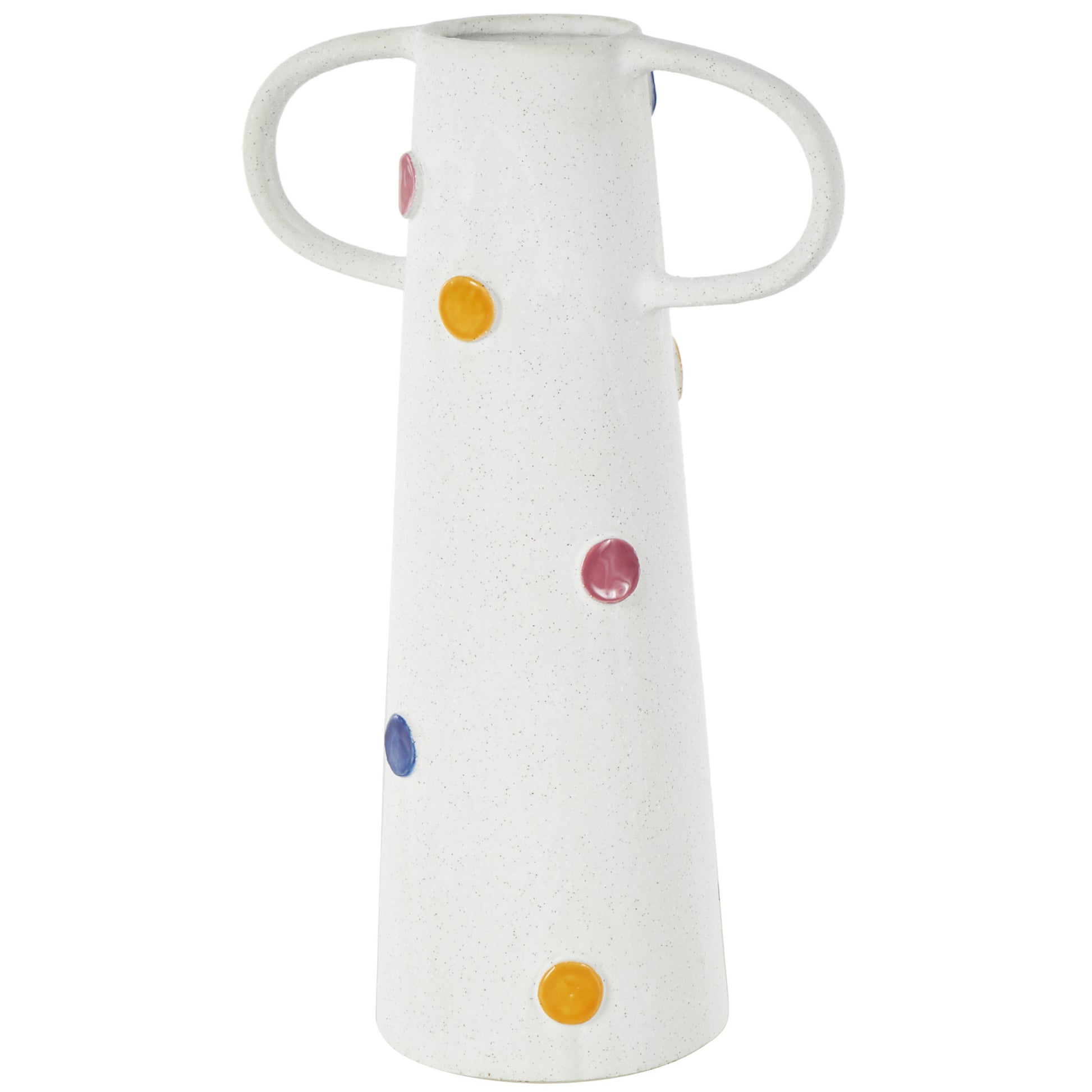 White Ceramic Slim Cone Decorative Vase with Multicolor Spots and Handles