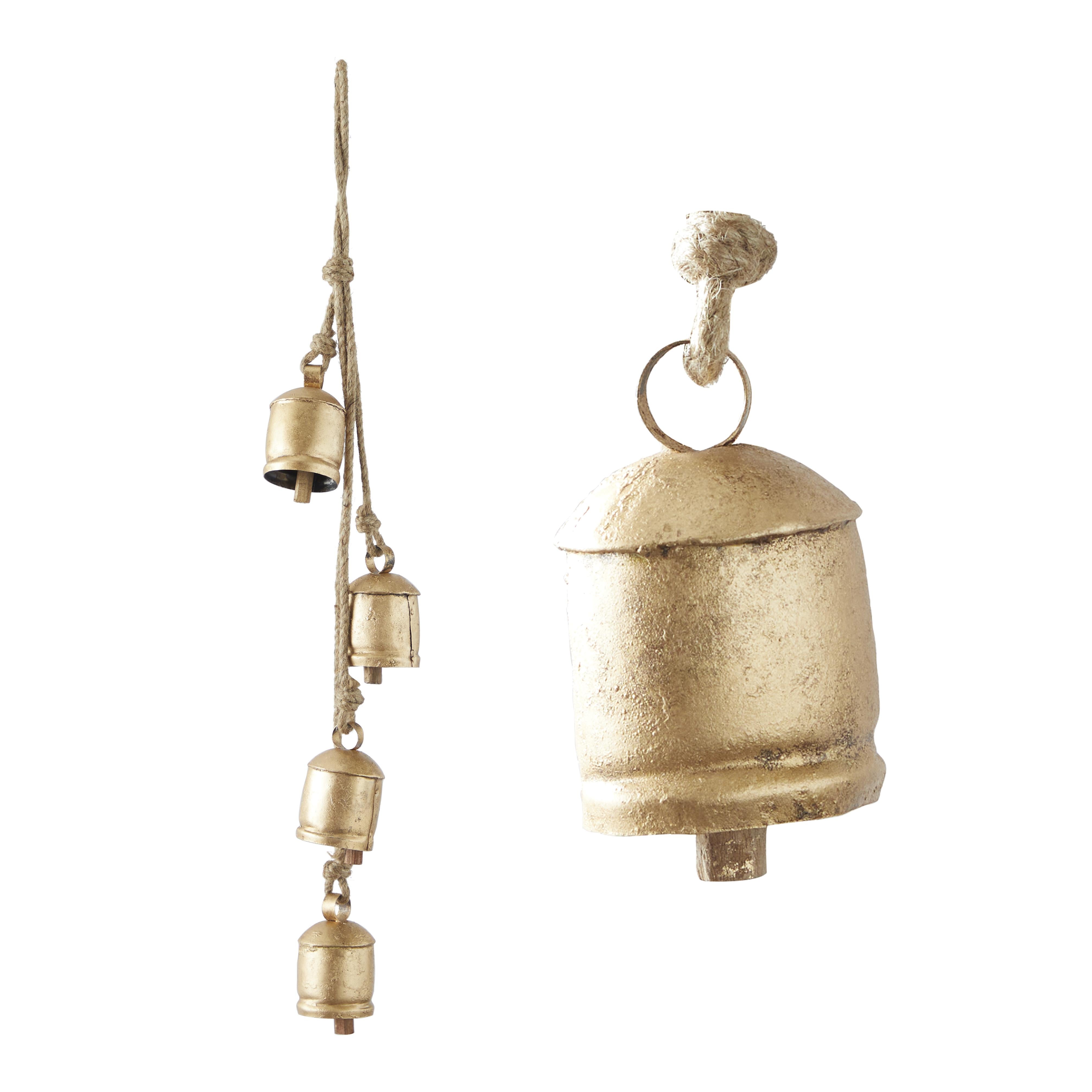 Metal Tibetan Inspired Indoor Outdoor Decorative Cow Bells with 4 Bells on Jute Hanging Rope