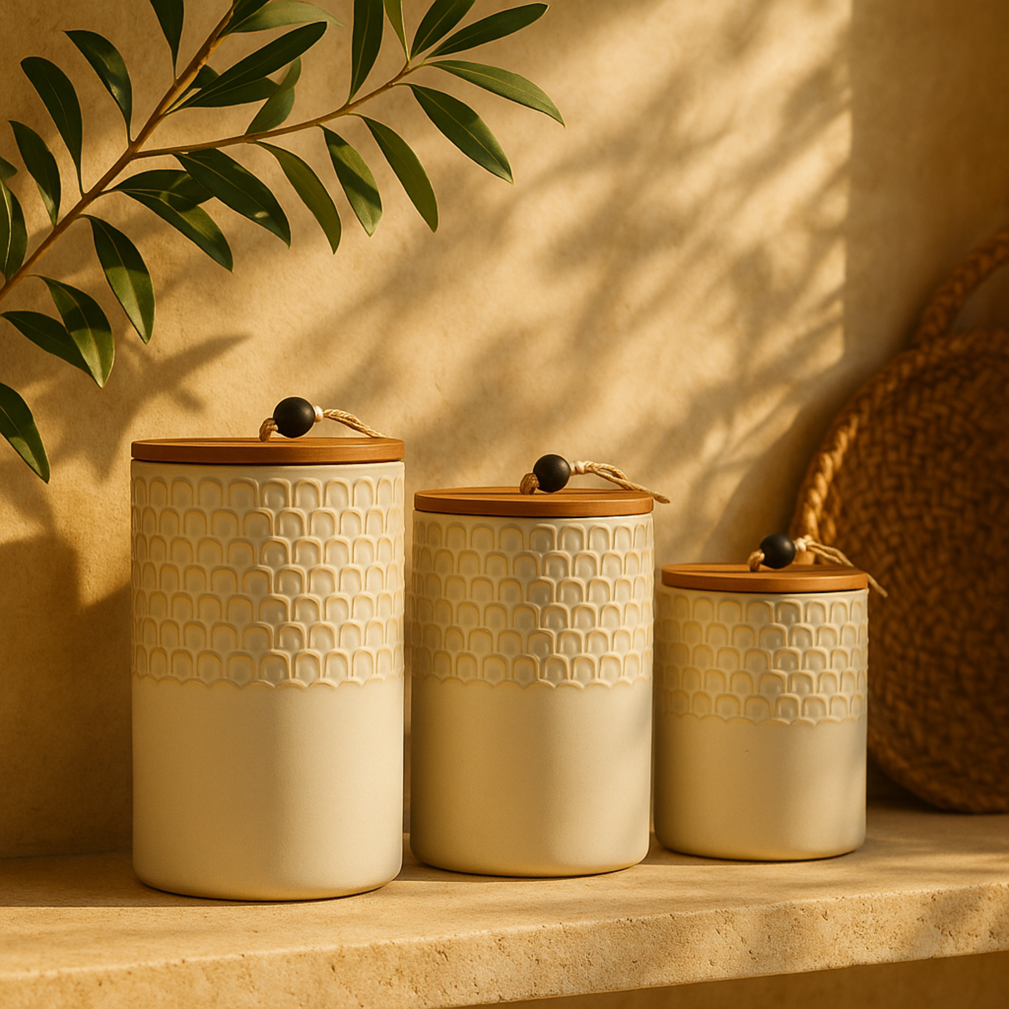 Set of 3 White Ceramic Textured Living Room Decorative Jars with Wood Lids and Black Beaded Accents