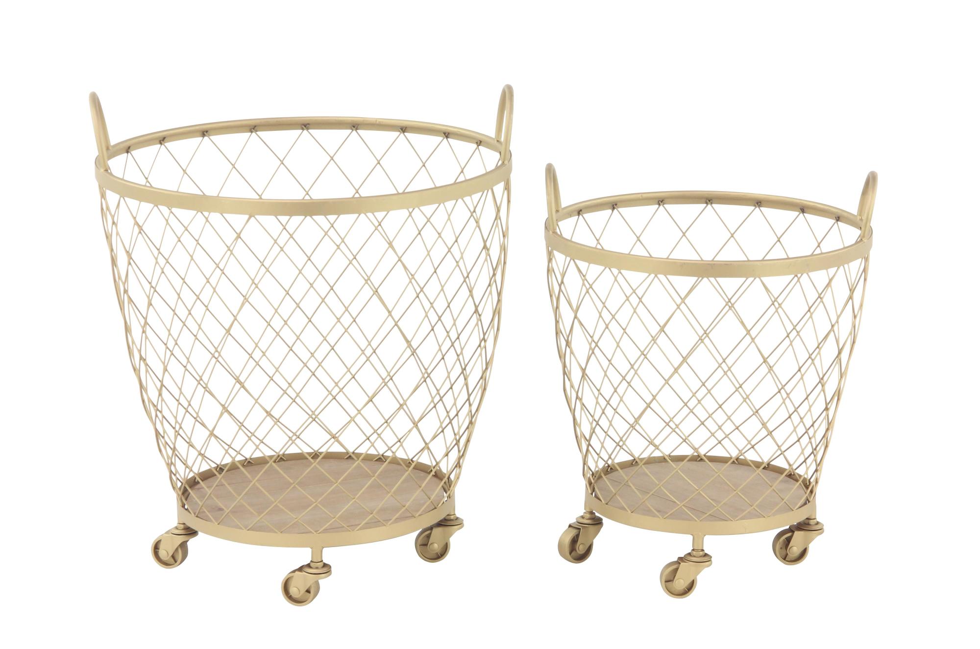 Set of 2 Gold Metal Mobile Wire Basket Mobile Storage Cart with Wood Interior
