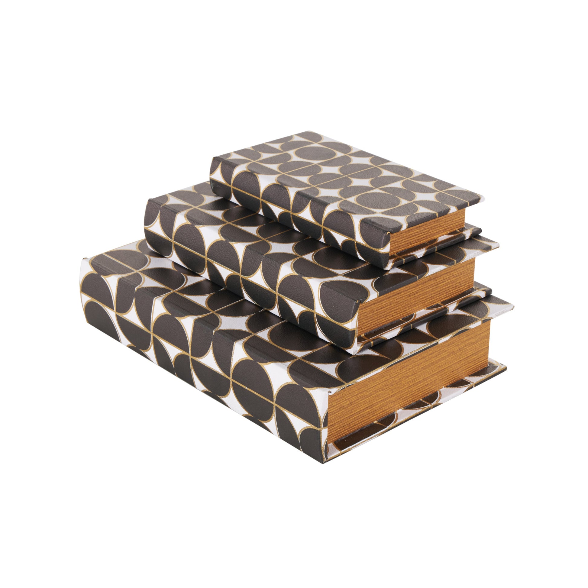 Set of 3 Black Faux Leather Faux Book Storage Decorative Box with Circle and Semi-Circle Pattern