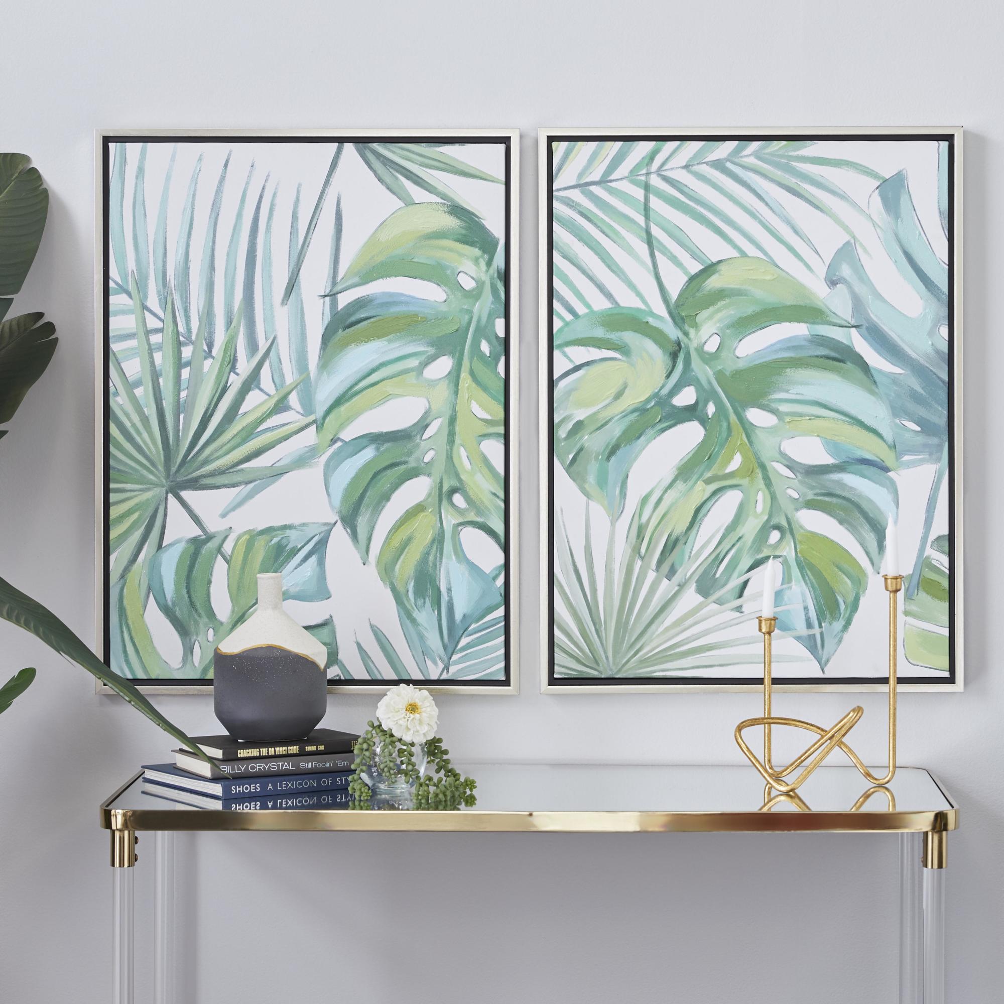 CosmoLiving by Cosmopolitan Set of 2 Leaf Green Canvas Tropical Living Room Framed Wall Art with Silver Frame