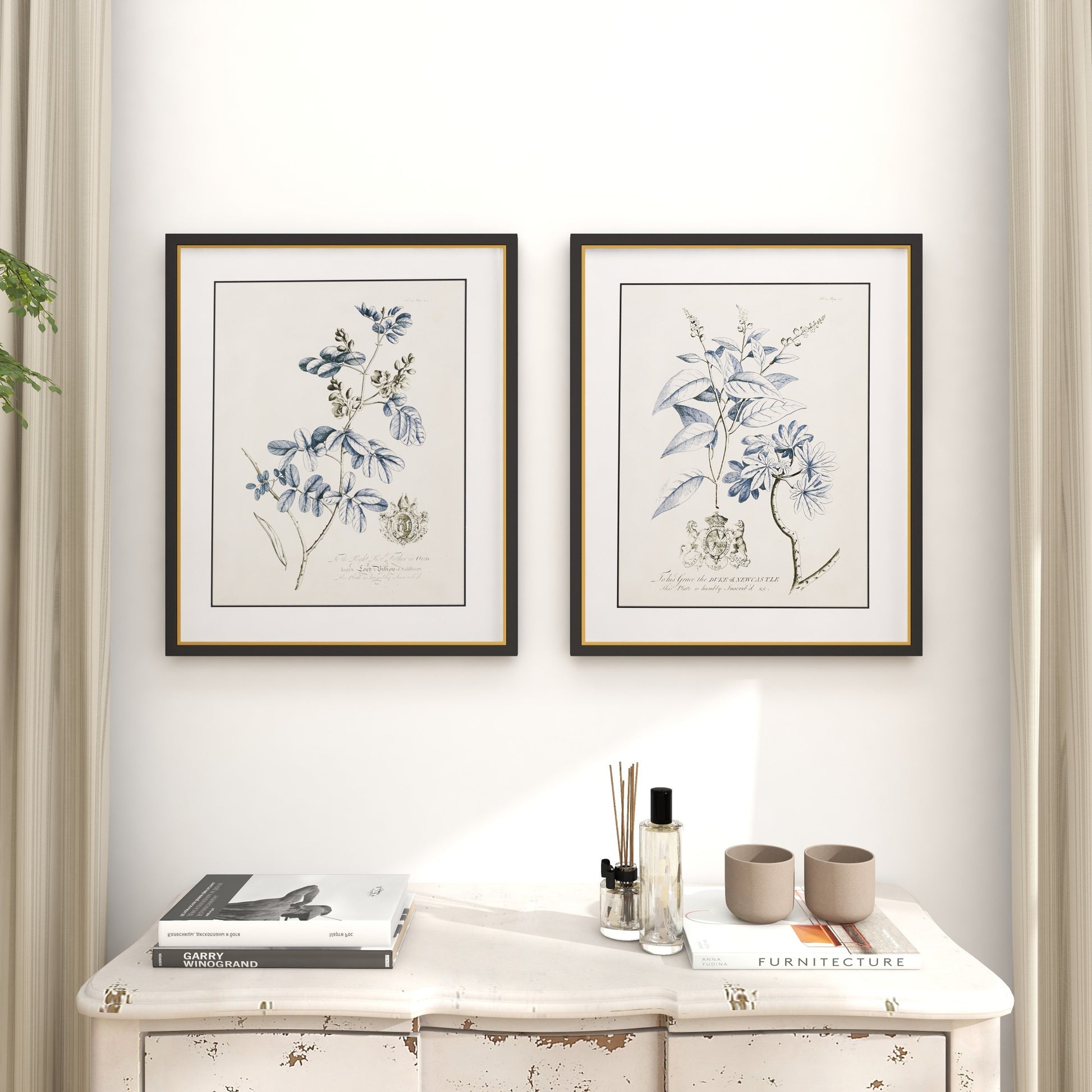 Set of 2 Floral Blue Wood Home Shadow Box with Black and Gold Frame