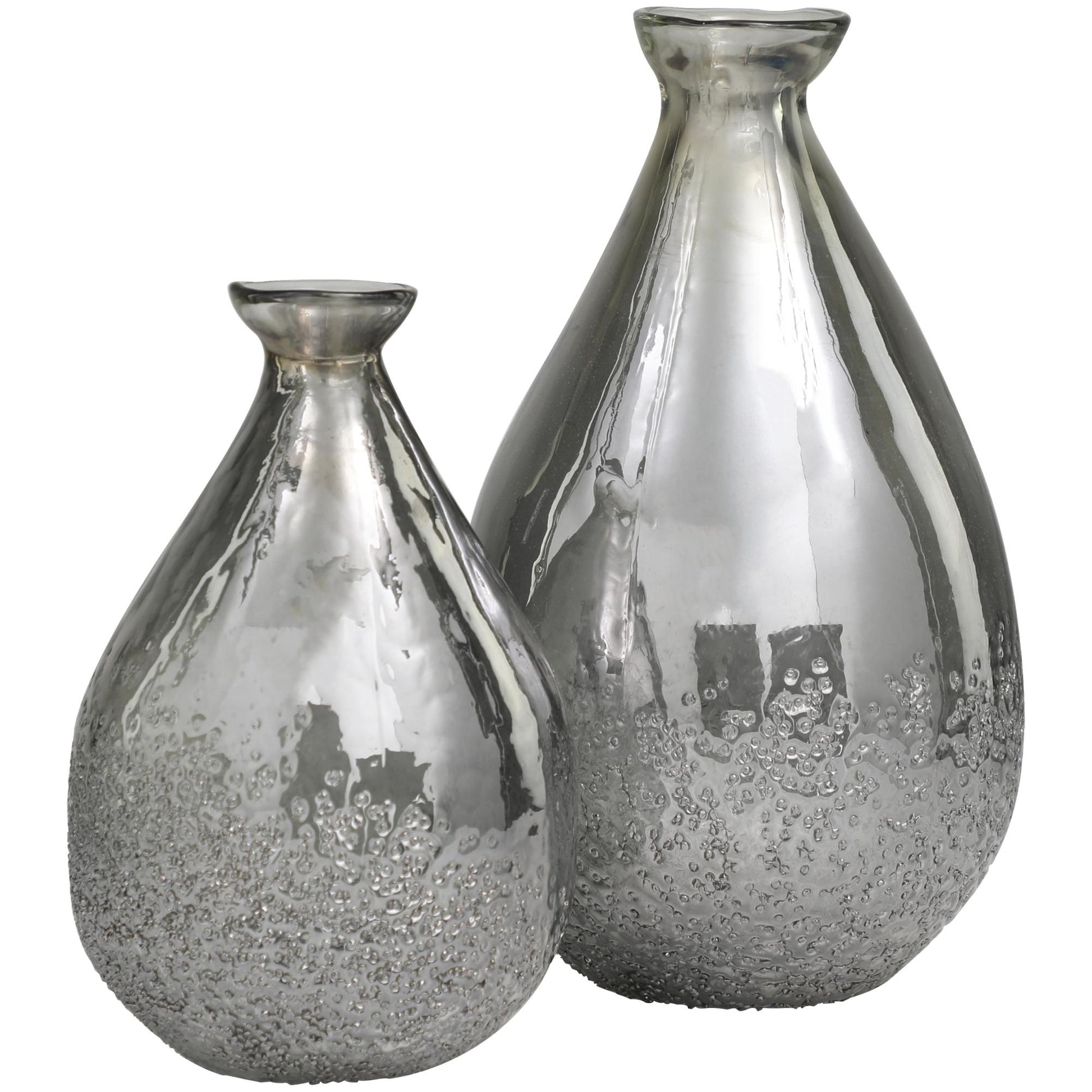 Set of 2 Glass Textured Teardrop Decorative Vase with Textured Base