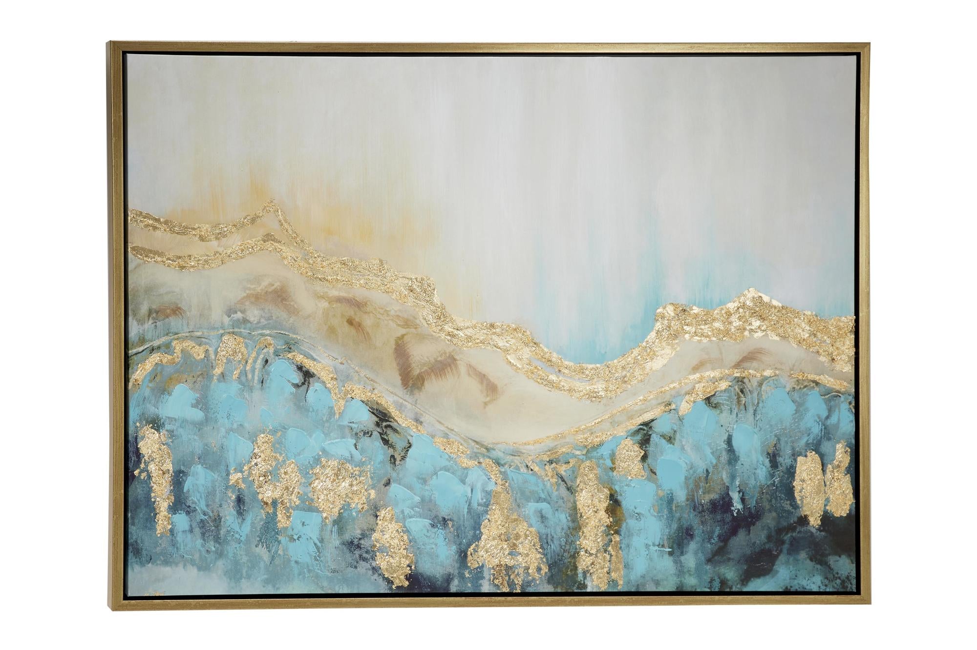 Abstract Blue Canvas Wave Living Room Framed Wall Art with Gold Foil Accents