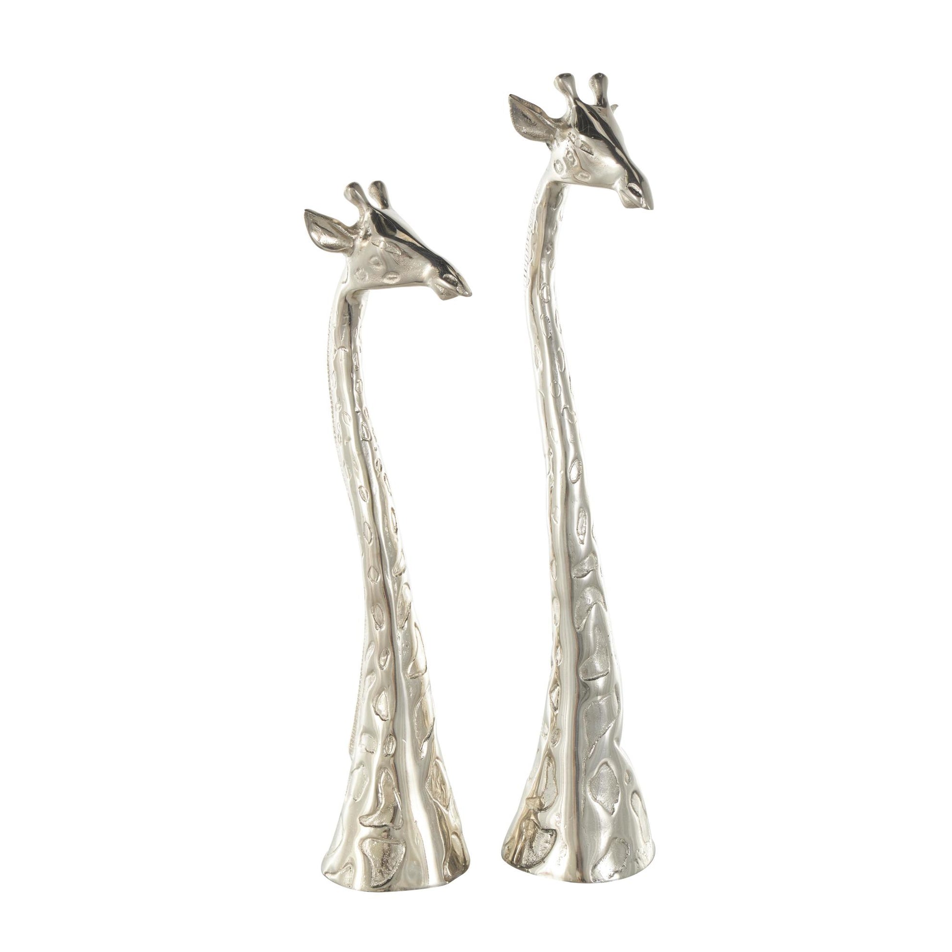 Set of 2 Giraffe Silver Aluminum Metal Tall Decorative Sculpture with Spotted Texturing