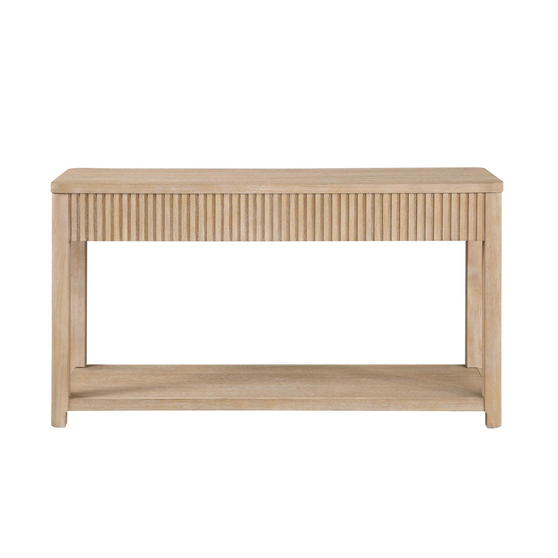 Light Brown Wooden Slatted 2 Drawer Living Room Console Table with Natural Wood Grains and Silver Handles