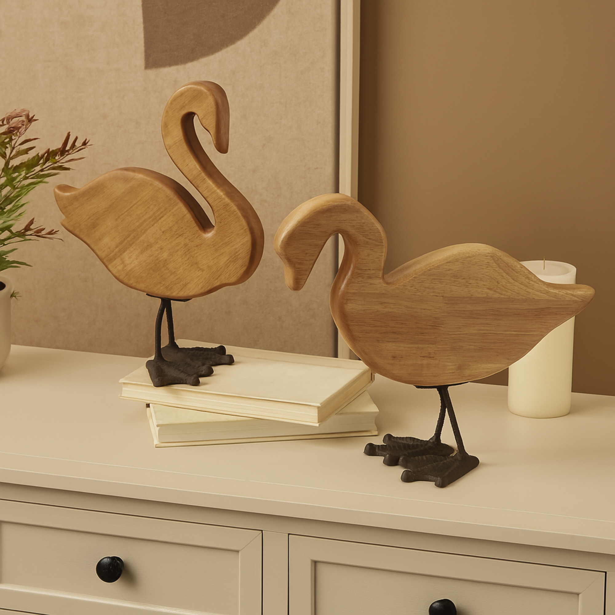 Set of 2 Duck Brown Wood Abstract Decorative Garden Sculpture with Black Metal Feet