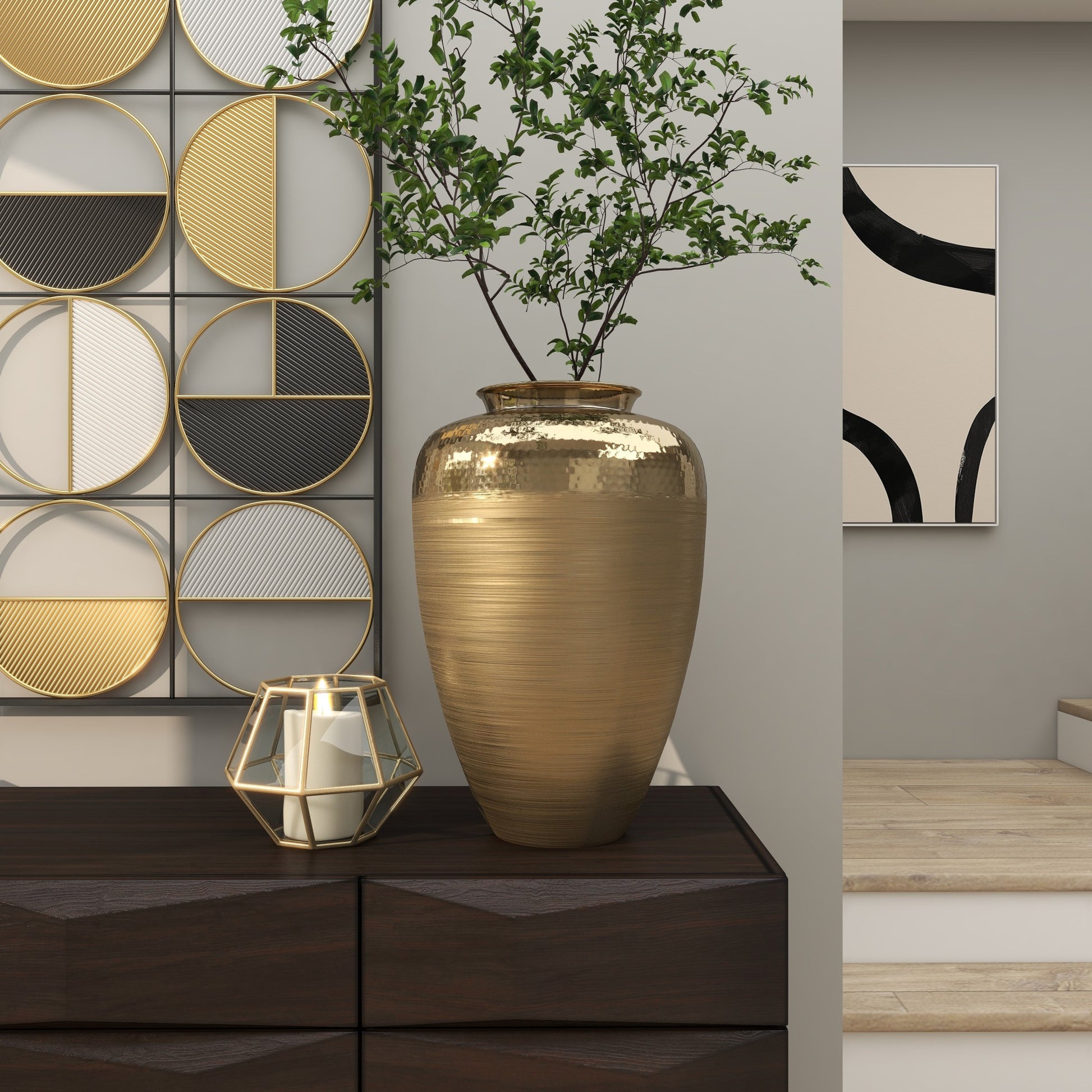 Gold Aluminum Metal Brushed Decorative Vase with Hammered Top