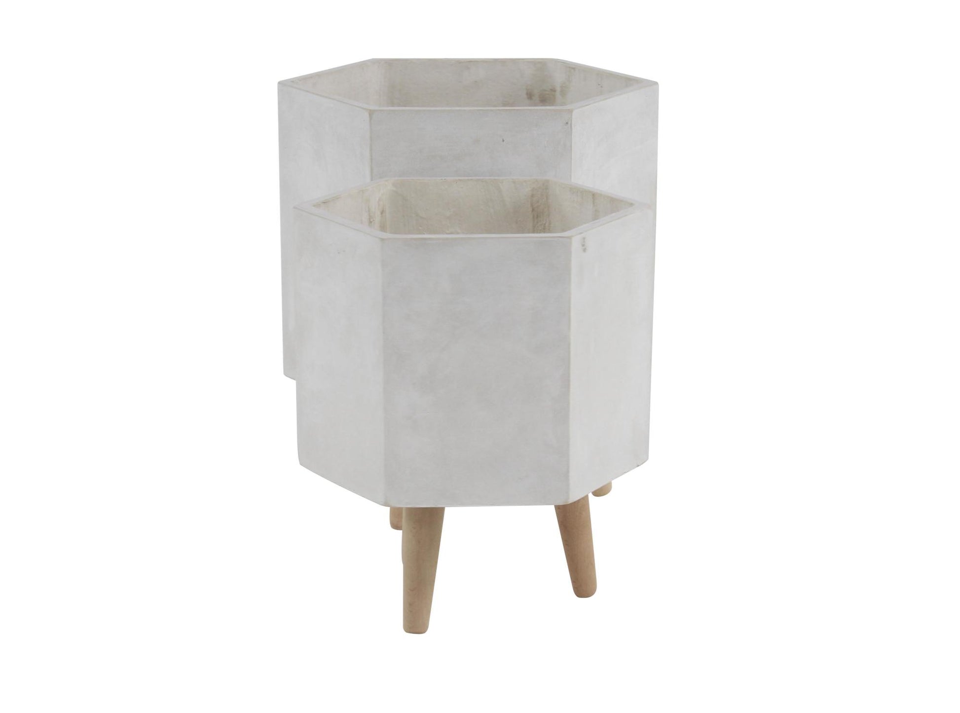 CosmoLiving by Cosmopolitan Set of 2 Geometric Light Gray Magnesium Oxide Hexagon Indoor Outdoor Planter with Brown Wooden Legs