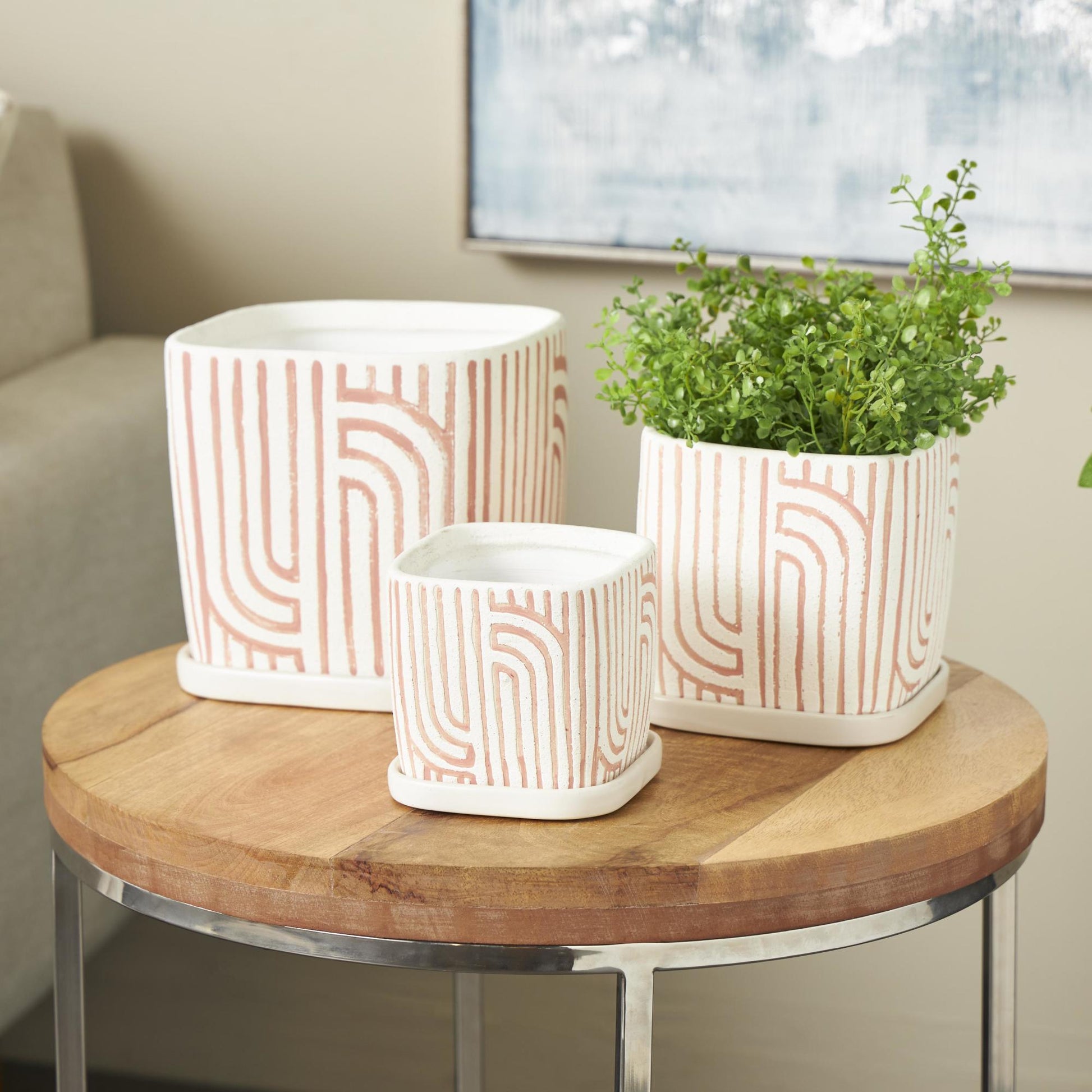 Set of 3 Geometric Ceramic Arched Patterned Indoor Outdoor Planter with Attached Saucer