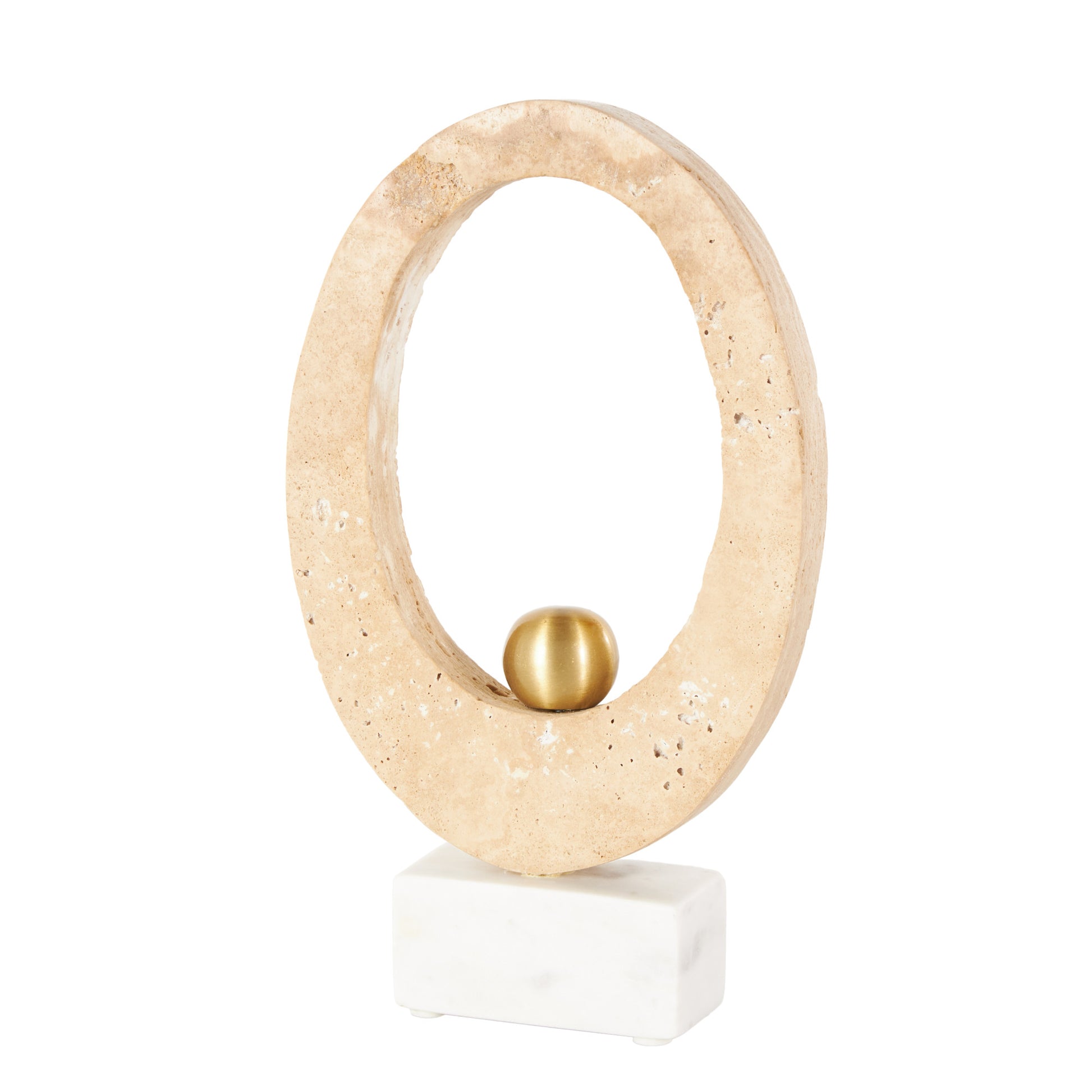 Abstract Cream Marble Oval Decorative Sculpture with Gold Ball and White Base