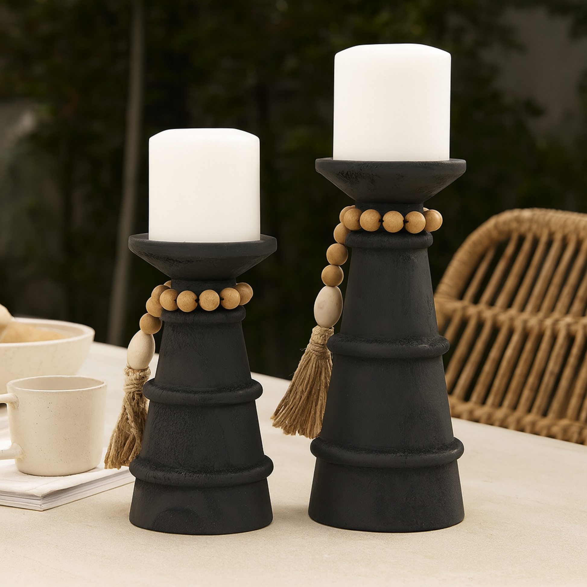 Set of 2 Black Wood Handmade Textured Matte Decorative Candle Holder with Beaded Garland Accent