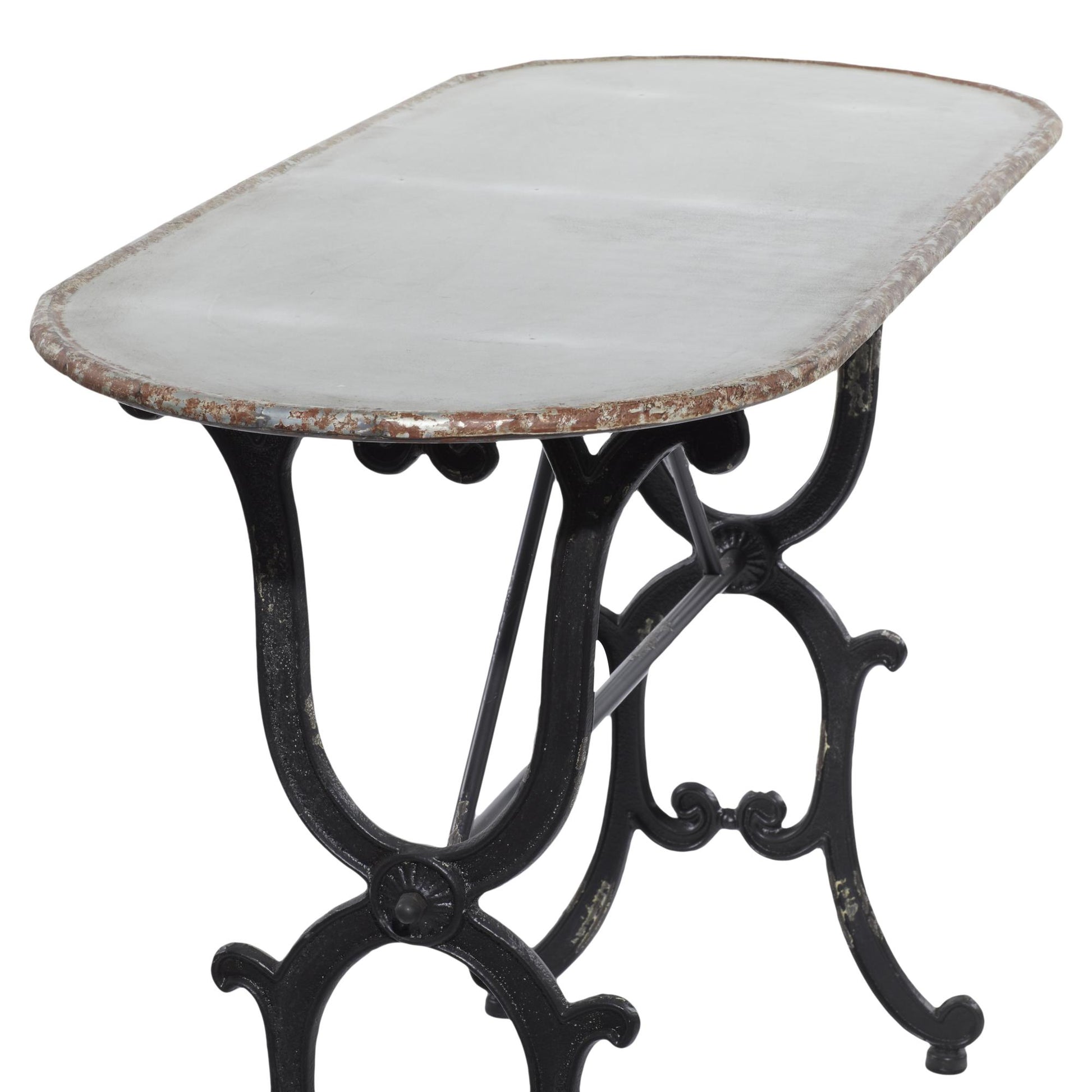 Scroll Gray Metal Oval Living Room Console Table with Distressed Accents