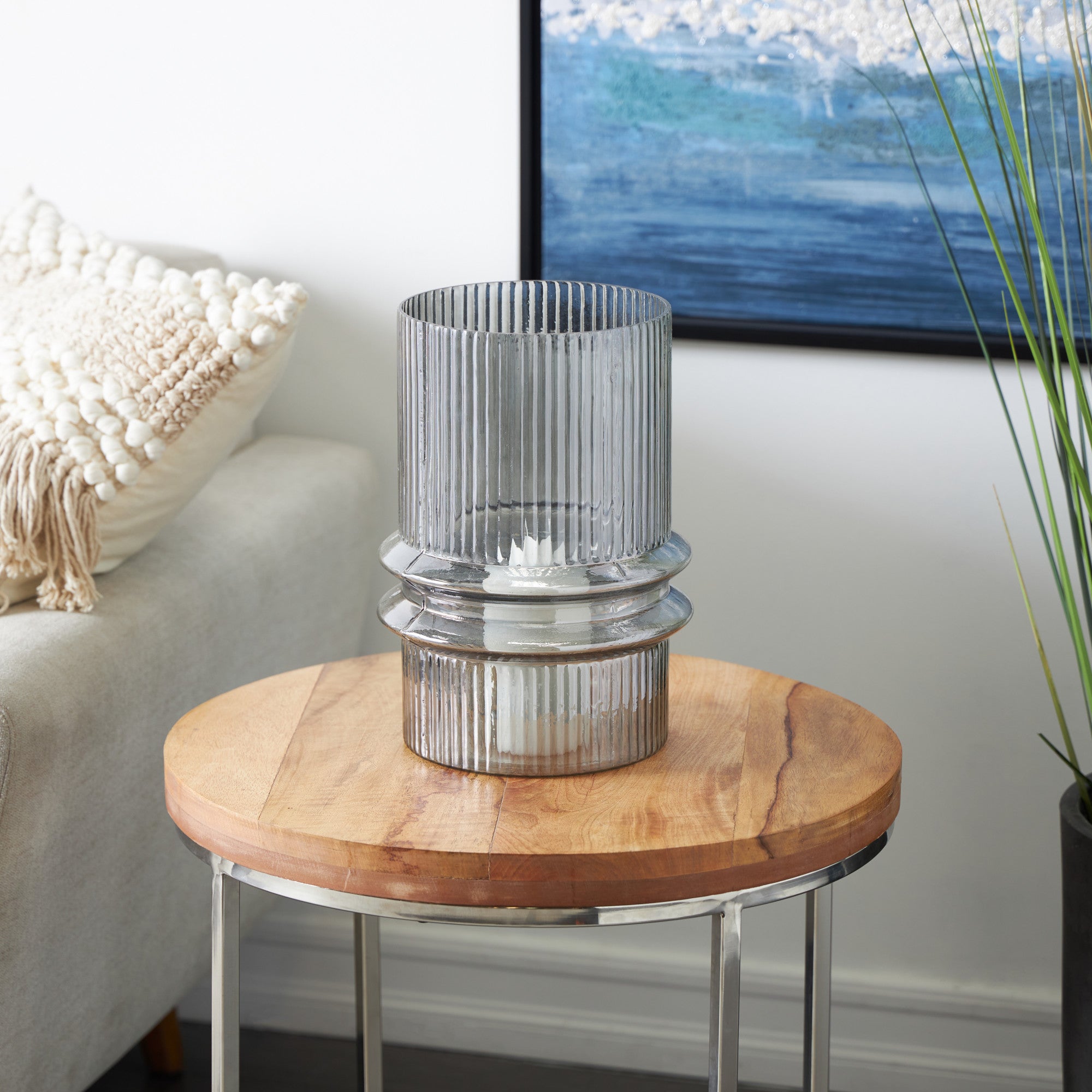 Gray Glass Wide Ribbed Decorative Candle Holder with Fluted Center