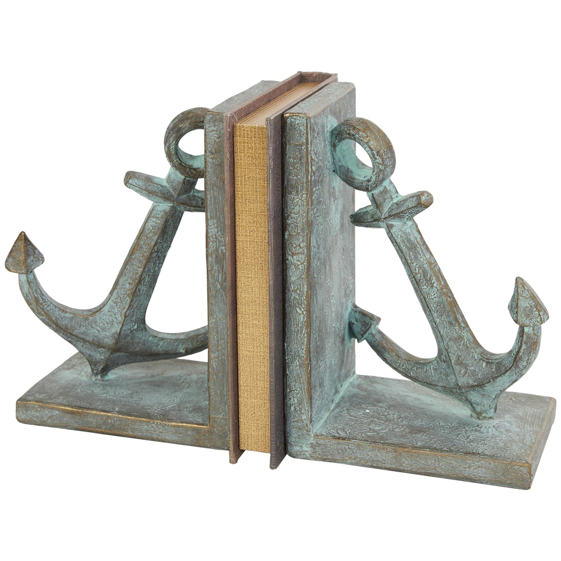 Set of 2 Anchor Blue Polyresin Distressed Patina Decorative Bookends with Gold Foil Accents