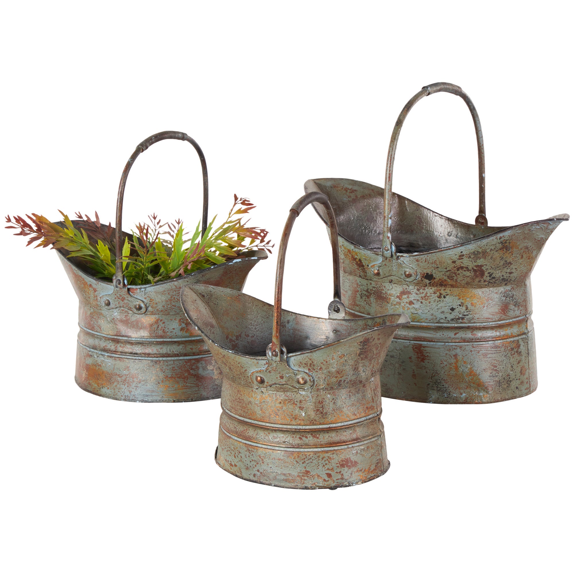 Set of 3 Green Metal Patina Bucket Indoor Outdoor Planter with Copper Accents and Handles