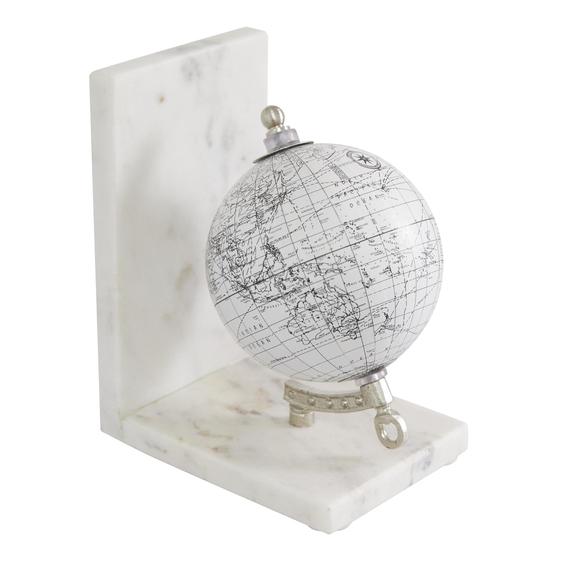 Set of 2 Globe White Marble Decorative Bookends with Silver Metal Accents