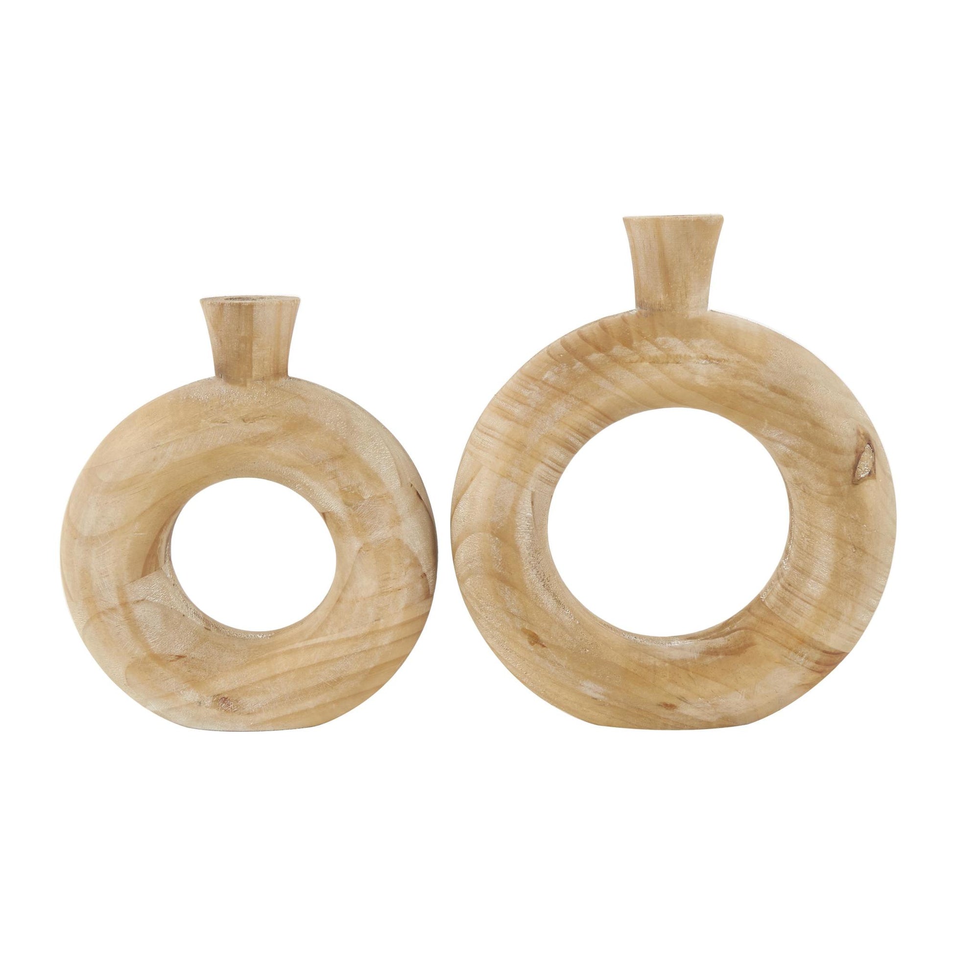 Set of 2 Brown Wood Circular Decorative Vase with Cutout Center