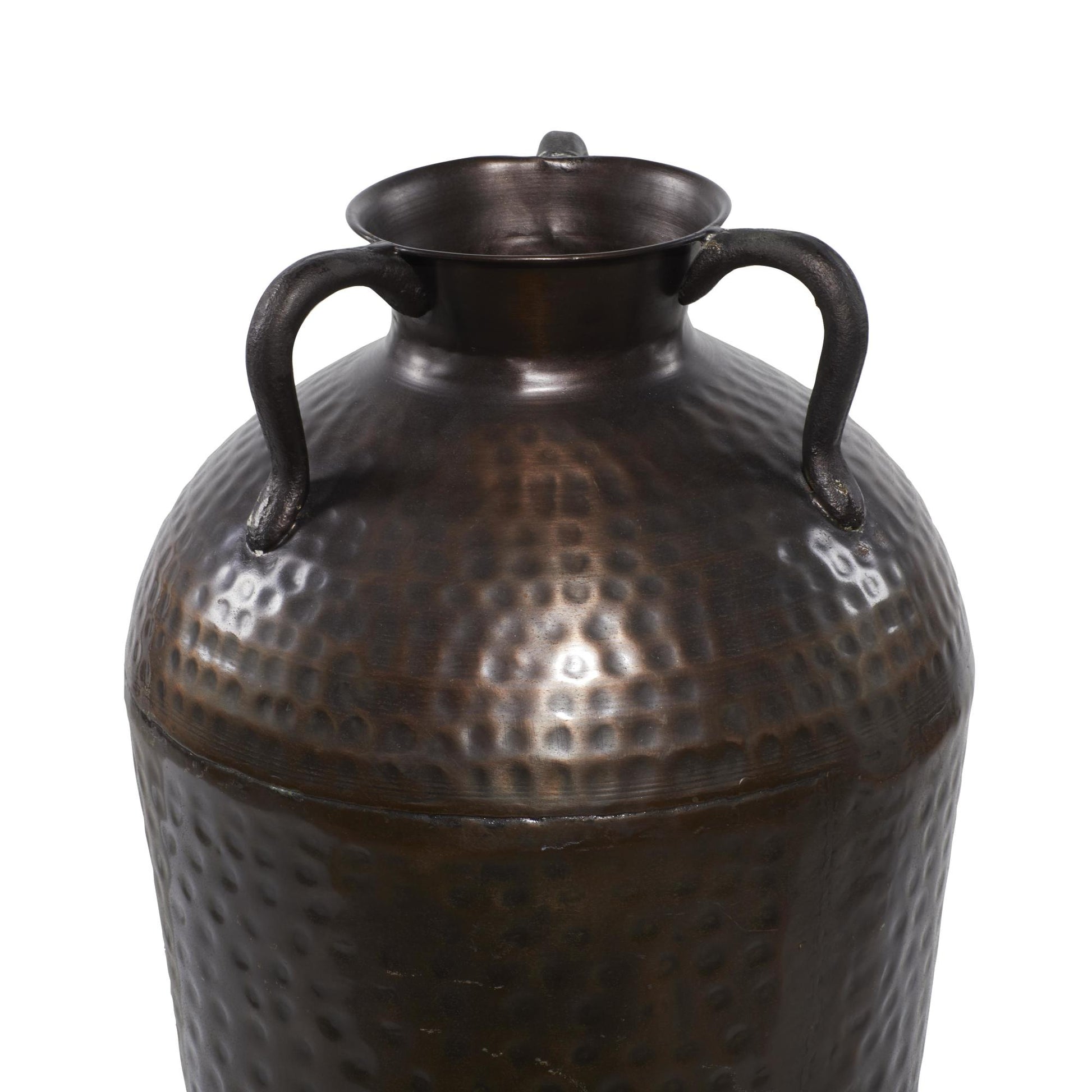 Brown Metal Tall Floor Mediterranean Style Decorative Vase with Hammered Details and Handles