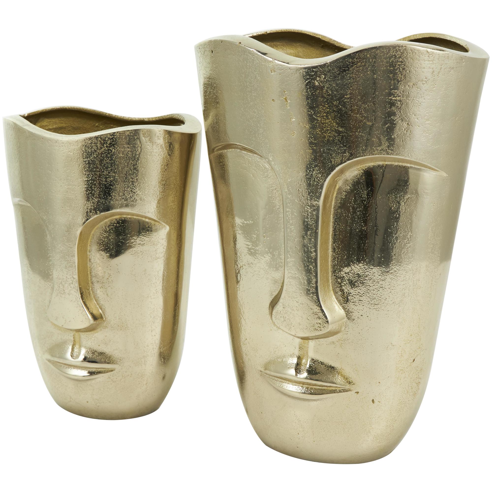 Set of 2 Face Gold Aluminum Metal Decorative Vase with Abstract Details