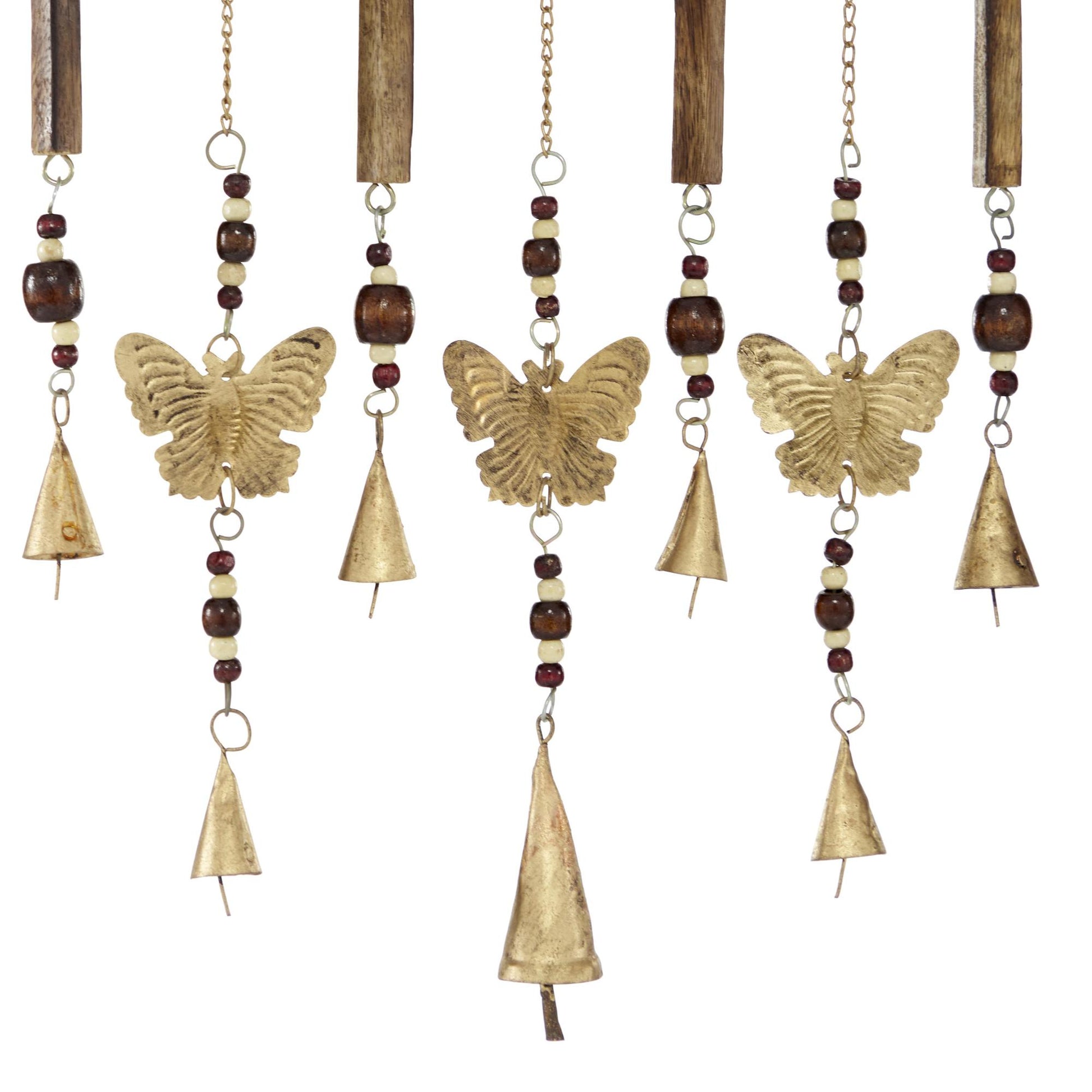 Butterfly Brown Wood Indoor Outdoor Windchime with Beads and Cone Bells