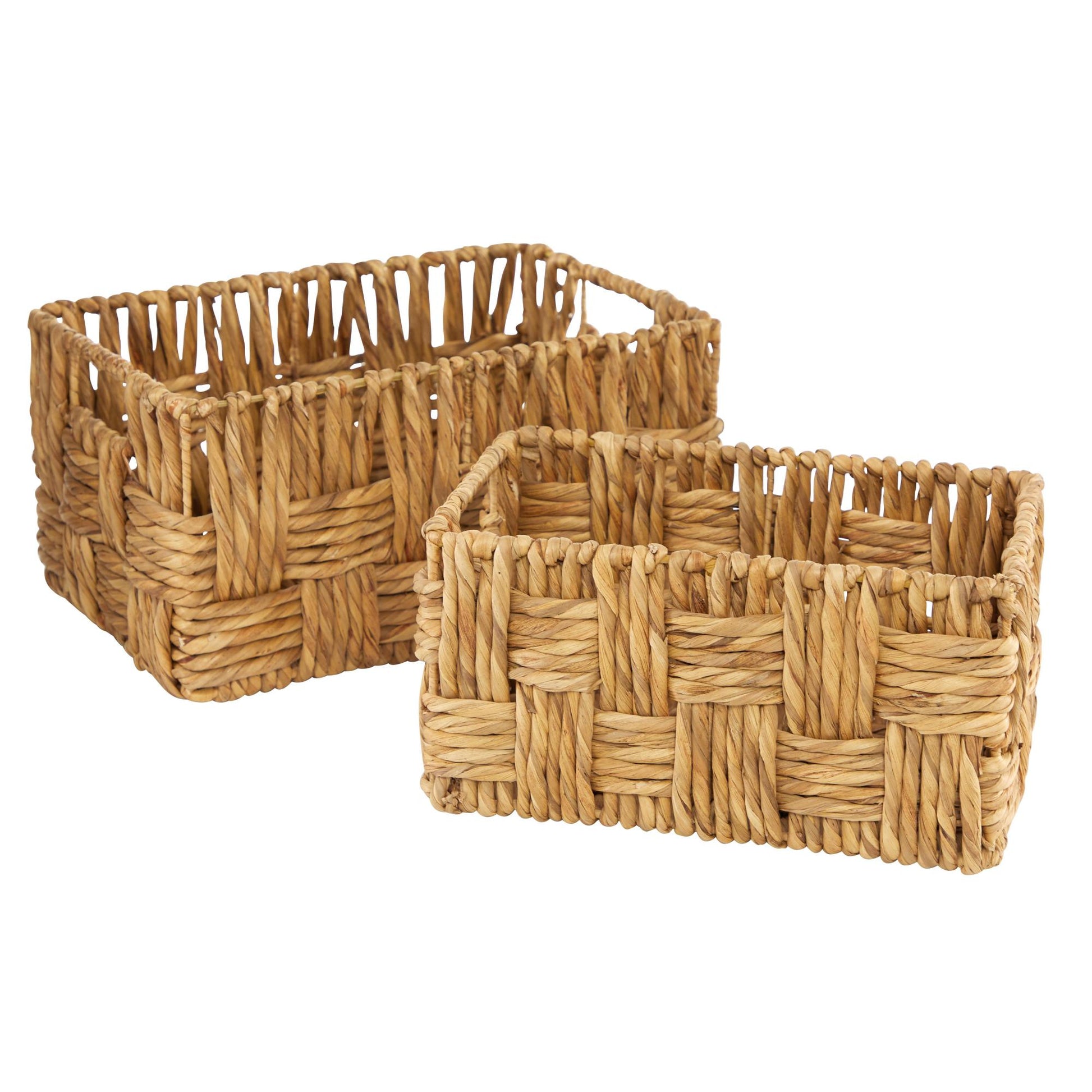 Set of 2 Brown Jute Rope Handmade Woven Rectangular Decorative and Functional Storage Basket with Slit Handles