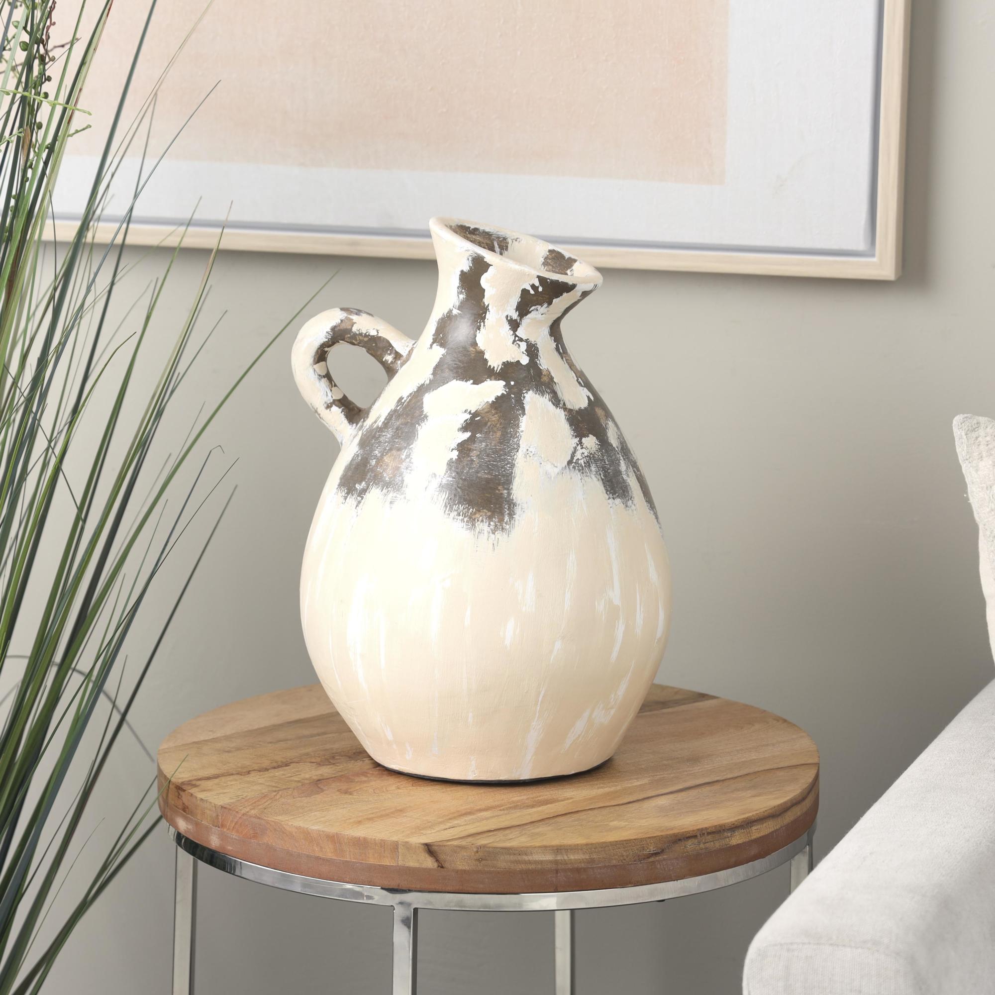 Cream Ceramic Antique Style Pot Decorative Vase with Curved Handle