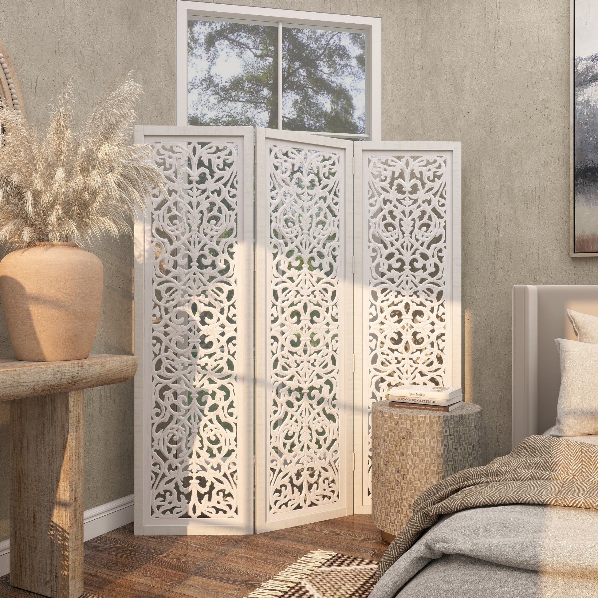 Floral White Wooden Handmade Foldable Partition 3 Panel Partition Room Divider Screen with Carved Design