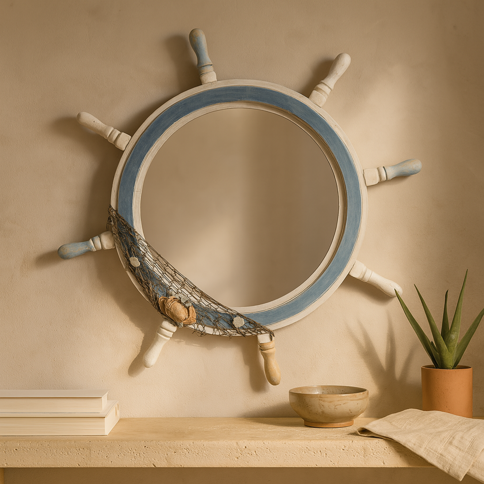 Ship Wheel Blue Wood Room Wall Mirror with White Spokes and Sealife with Netting Accent