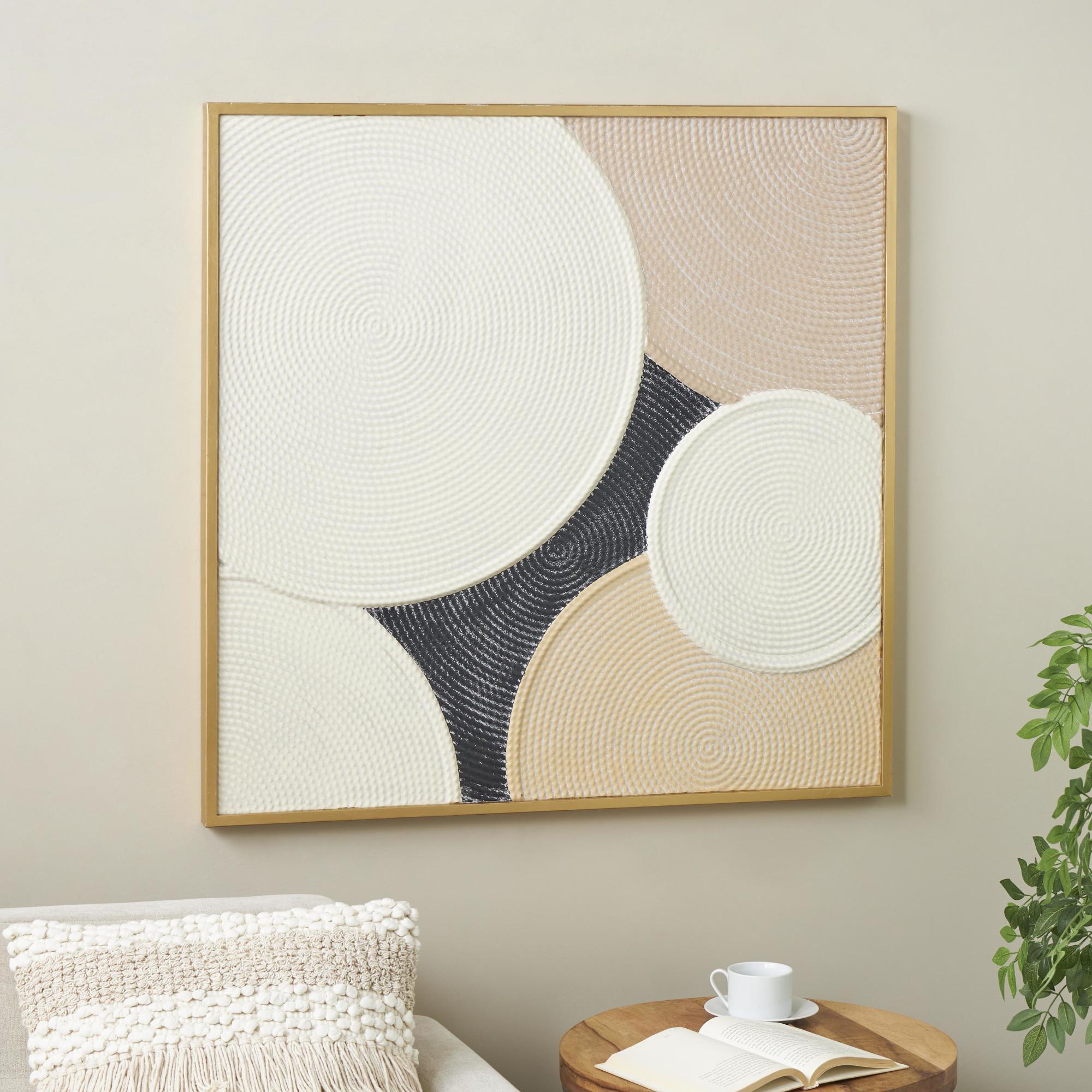 Geometric Cream Metal Textured Living Room Framed Wall Art with Overlapping Circles and Gold Frame