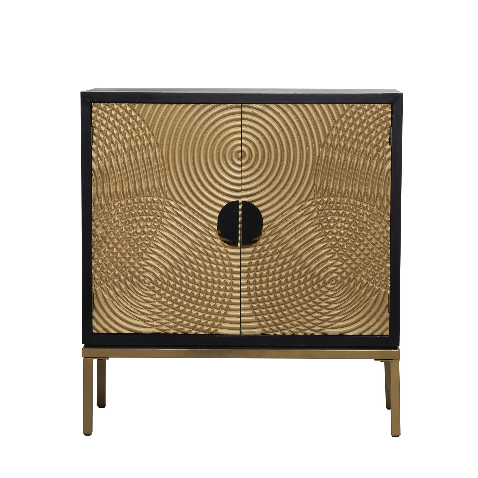 Geometric Bronze Wood Relief Ripple Design 2 Door Room Cabinet with Crescent Moon Handles